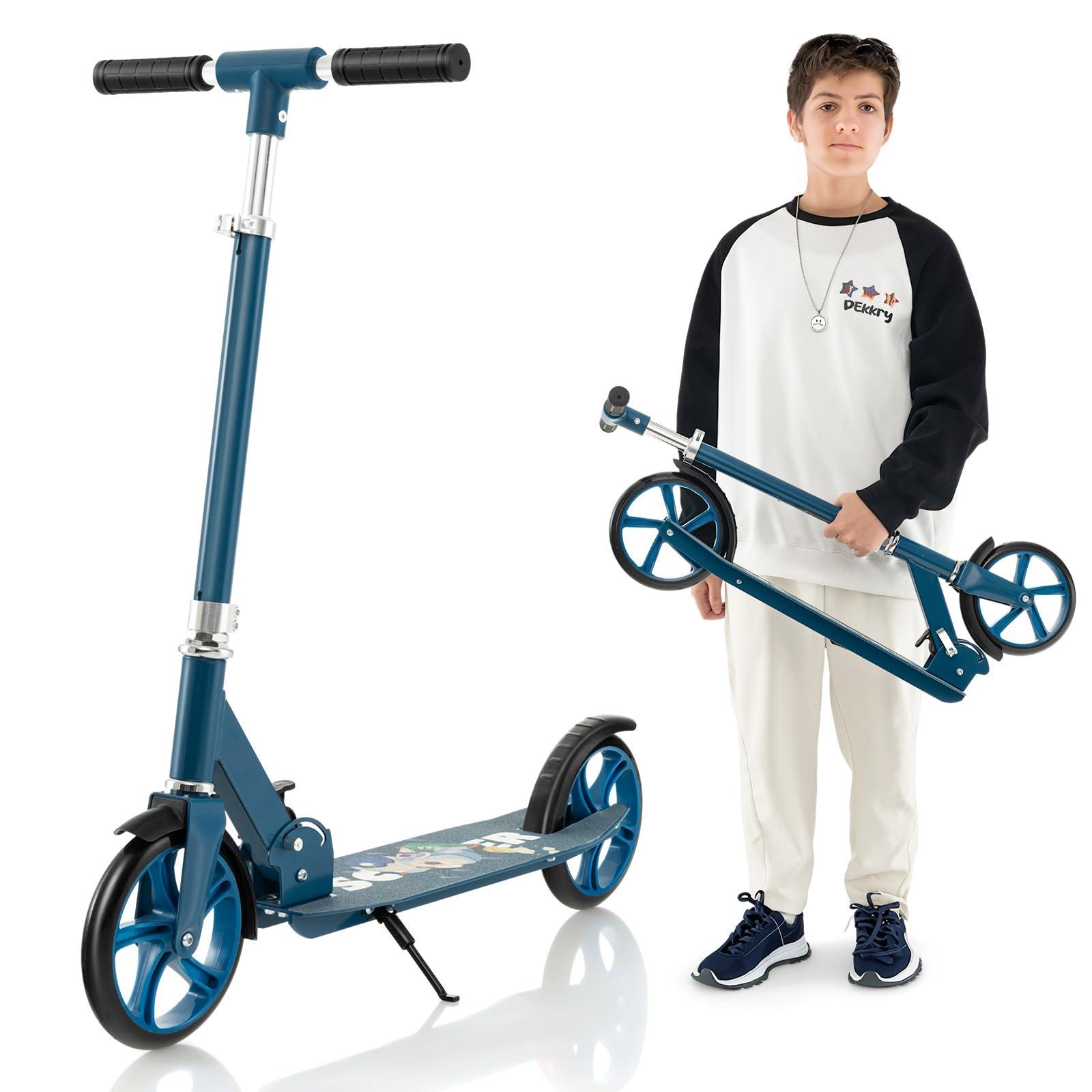 Costzon Costzon Kick Scooter for Kids Ages 8+, Foldable Kids & Adults Scooter with 8-inch Big Wheels, 3 Adjustable Heights, Max Load 220 LBS, Portable Scooters for Teens Boys Girls Gifts Presents (Blue)