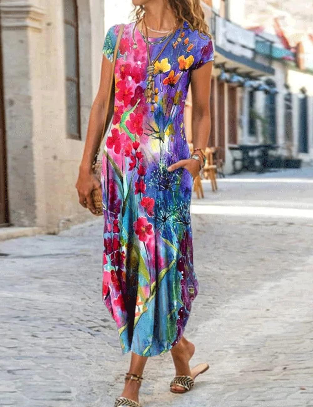 AHAIJ AHAIJ Women Summer Casual Maxi Dress Floral Printed Loose Pockets Short Sleeve Split Boho Dresses (Colorful,XXX-Large)