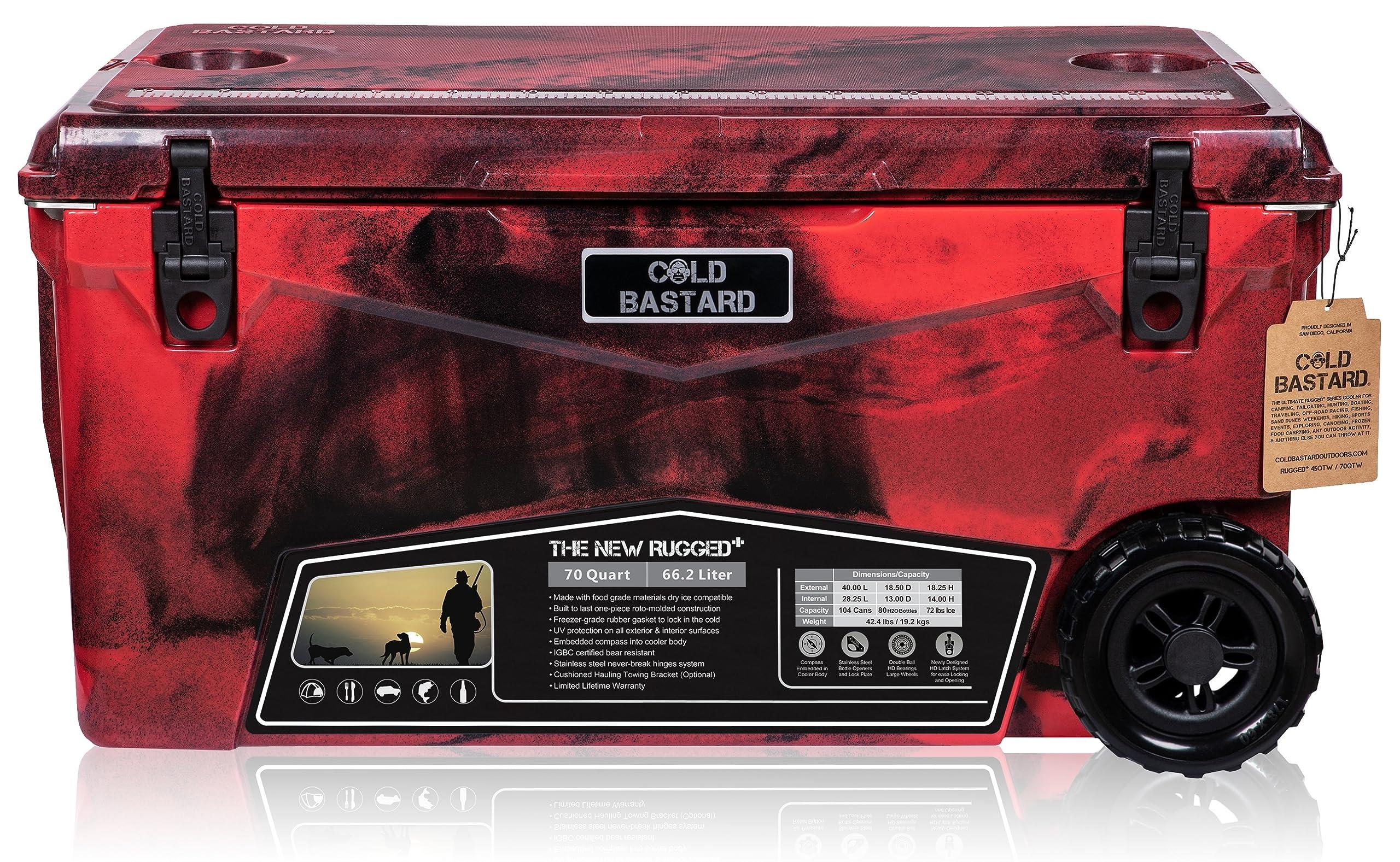 COLD BASTARD COOLERS COLD BASTARD COOLERS 70QTW Rugged+ CAMO Red Large Wheels The Best Premium Ice Chest Cooler Accessories Free S&H (CB70W-CR)