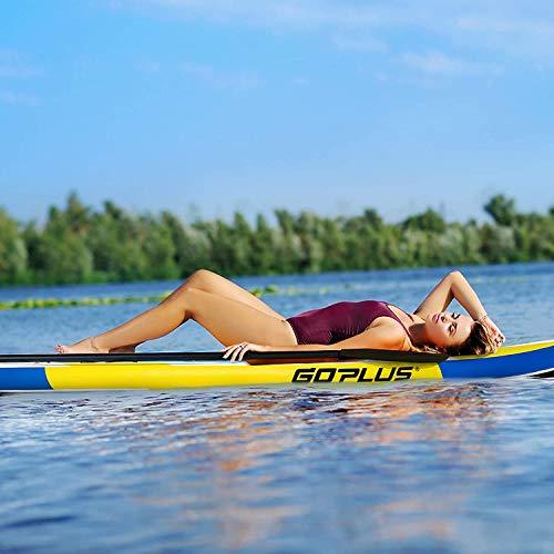 Goplus Goplus Inflatable Stand Up Paddle Board, 11 x 30 x 6 SUP with Accessory Pack, Adjustable Paddle, Carry Bag, Bottom Fin, Hand Pump, Non-Slip Deck, Leash, Repair Kit (Yellow+Blue, 11FT)