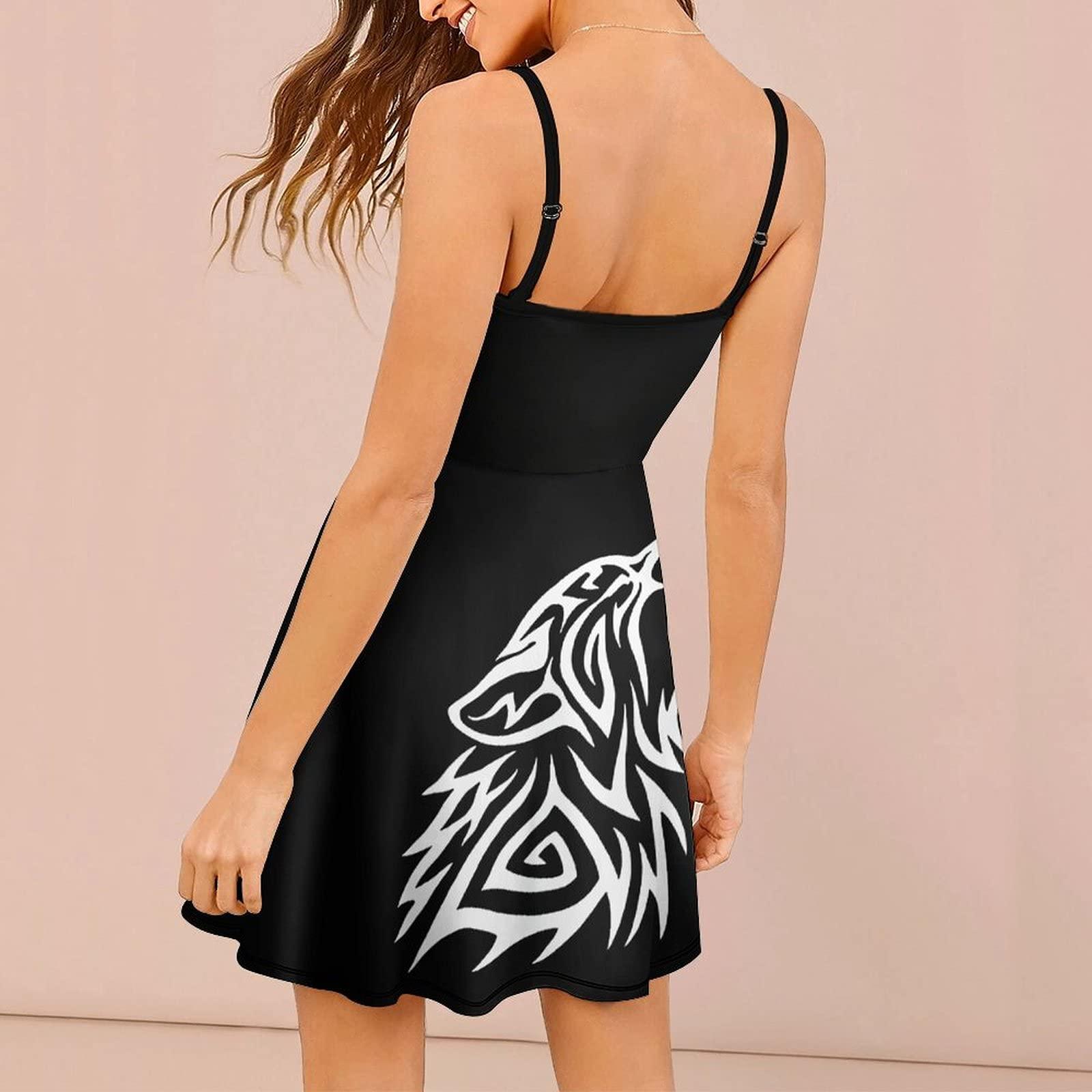 BAIKUTOUAN BAIKUTOUAN Tribal Wolf Howl Women\'s Sleeveless Sundress Skirt Summer Beach Sling Dress