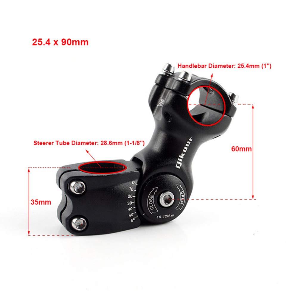 Qikour Bike Stem Adjustable 60 Degree 31.8mm (1-1/4") / 25.4mm (1") Handlebar Stem for MTB, Road Bike, Fits Standard 28.6mm (1-1/8") Steering Tube (25.4 x 90mm, 25.4mm Handlebar & 28.6mm Steering Tube)