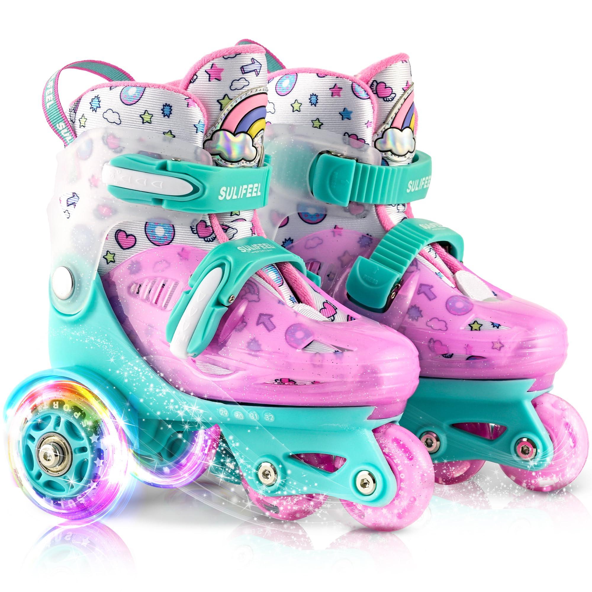 SULIFEEL SULIFEEL Adjustable Roller Skates for Girls Boys Kids,Fun Illuminating Light Up Flash Wheels Three-Point Type Balance Suitable for Beginners Indoor Roller Skating Green & Pink Size X-Small