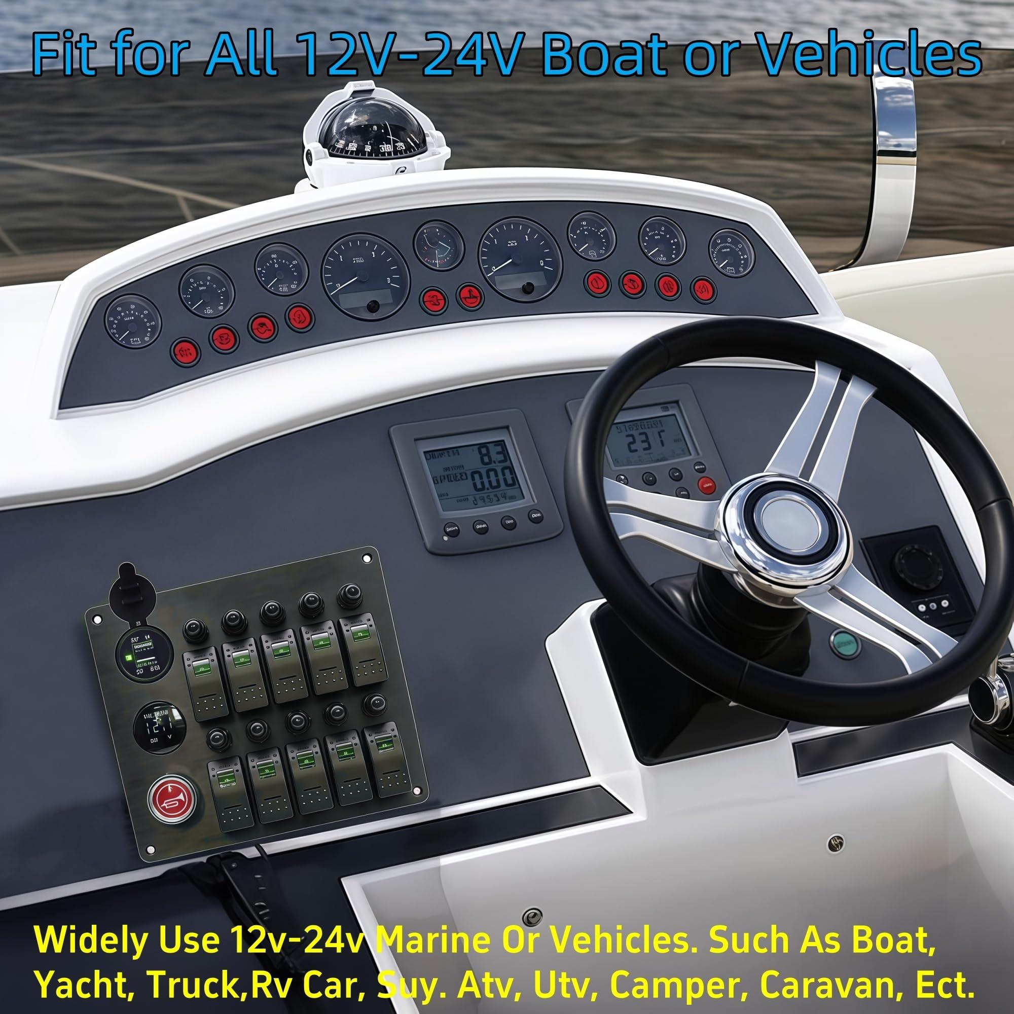 NineFit Basics 10 Gang Marine Rocker Switch Panel with Fuses, LED Voltmeter Dual USB Car Charger Power Socket Boat Horn Button 12V 24V RV Waterproof Switch Panel with Breakers for Truck Automotive (Green)