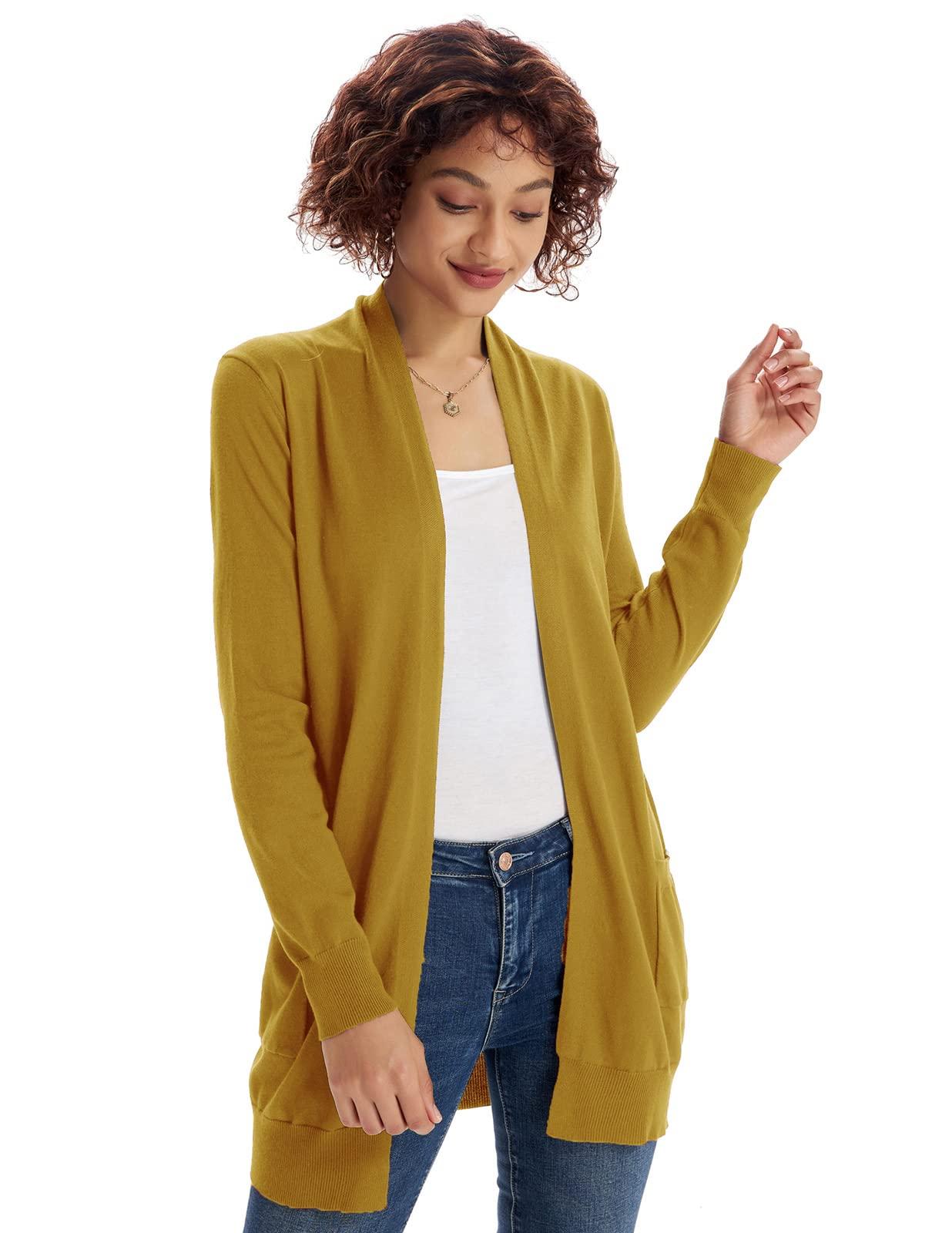 GRACE KARIN Womens Lightweight Sweater Cardigan Long Sleeve with Pockets Mustard L