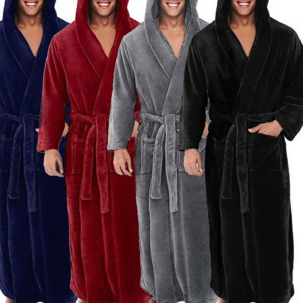 Bluelans Mens Hooded Fleece Robe Plush Long Bathrobes Bath Robe for Men Black XL