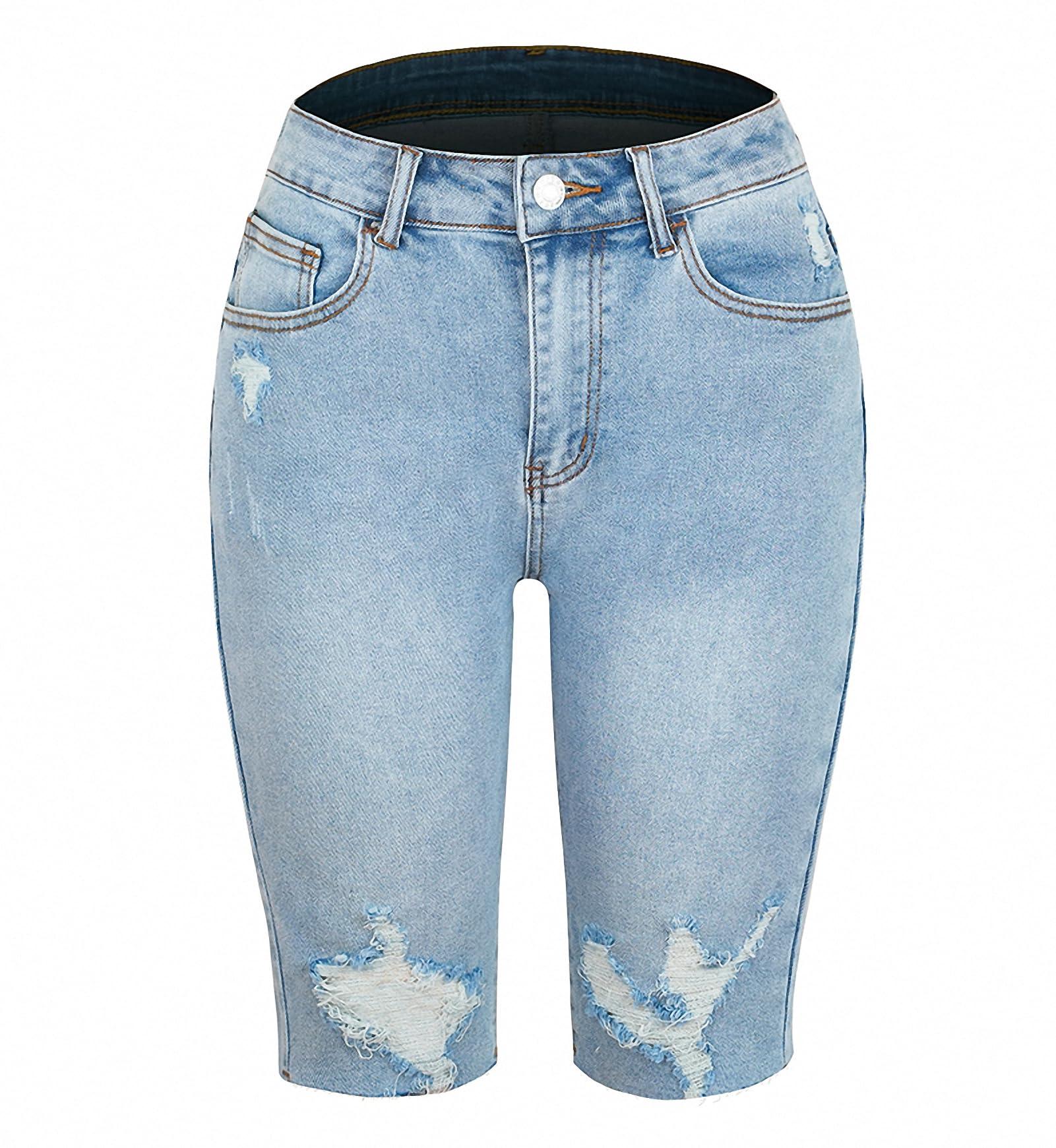 Dawery Dawery Cycling Denim Shorts Woman High Waist Hole Shorts Washed Summer Thin Short Jeans Blue S