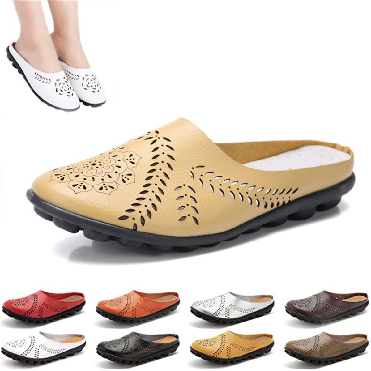 MiNGQIU MiNGQIU Owlkay Casual All-Match Hollow Slippers,Women's Low Top Flat Leather Sandals Women's Comfortable Slip-on Loafer Shoes,Sandals Flats for Women Slip-on Loafer. (Yellow,9)