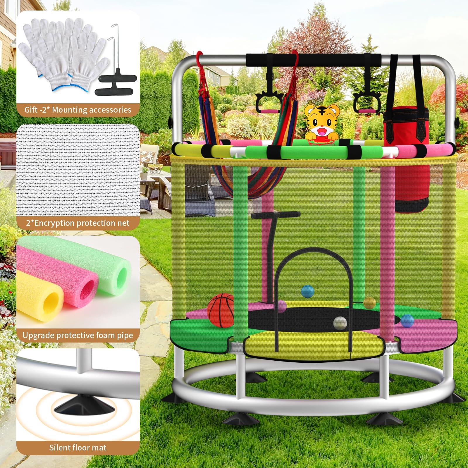 BLINWORLD Trampoline for Kids, Update T-handrail Adjustable Baby Toddler Trampoline with Basketball Hoop, 440lbs Anti-Rollover Round Bottom Indoor Outdoor Toddler Trampoline with Enclosure (Light Green Pink)