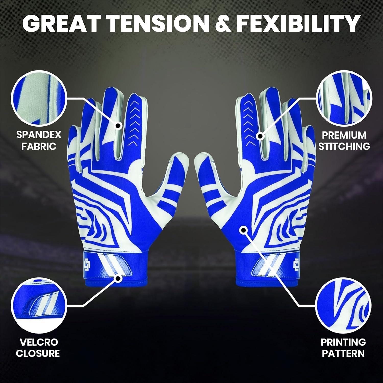 LYRX LYRX Professional Football Receiver Gloves with Optimal Silicone Palm Non-Slip Grip Control Ultra-Stick Sports Lightweight Glove and Precision Fit (Blue, Youth XS (5.5"))