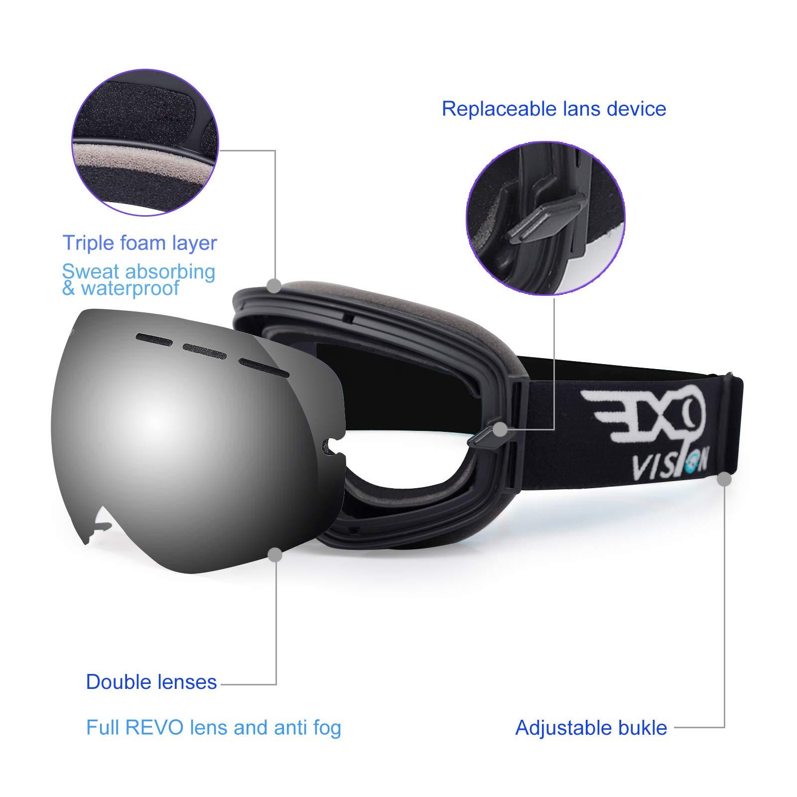 EXP VISION EXP VISION Snowboard Ski Goggles Men Women Youth, Anti Fog OTG Winter Snow Goggles Spherical Detachable Lens (Silver)