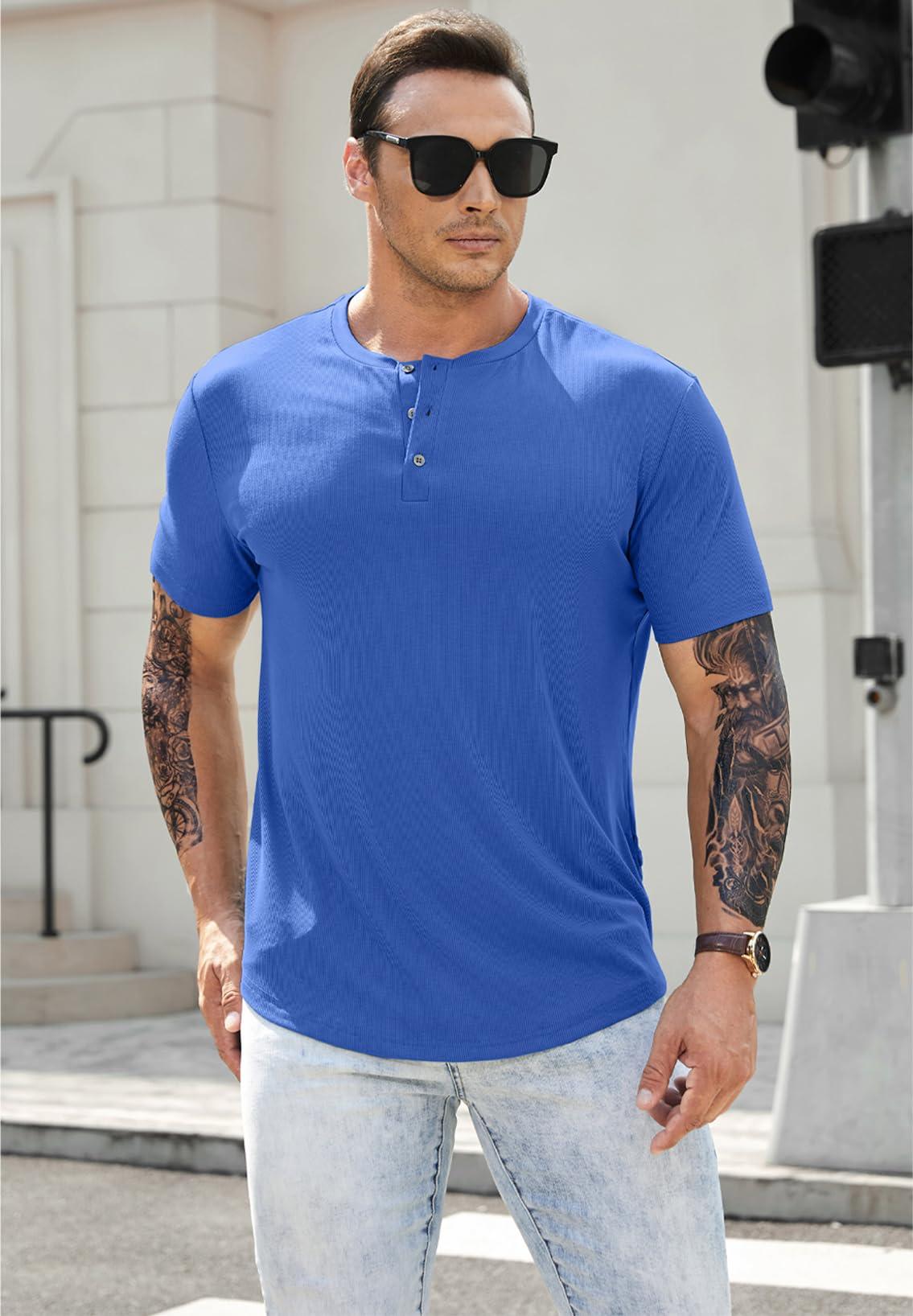 JMIERR JMIERR Mens Muscle Slim Fit Button Henley Shirts Summer Crewneck Short Sleeve Longline Fitted T-Shirt Gym Workout Athletic Tee Shirt for Men, XL, Blue2