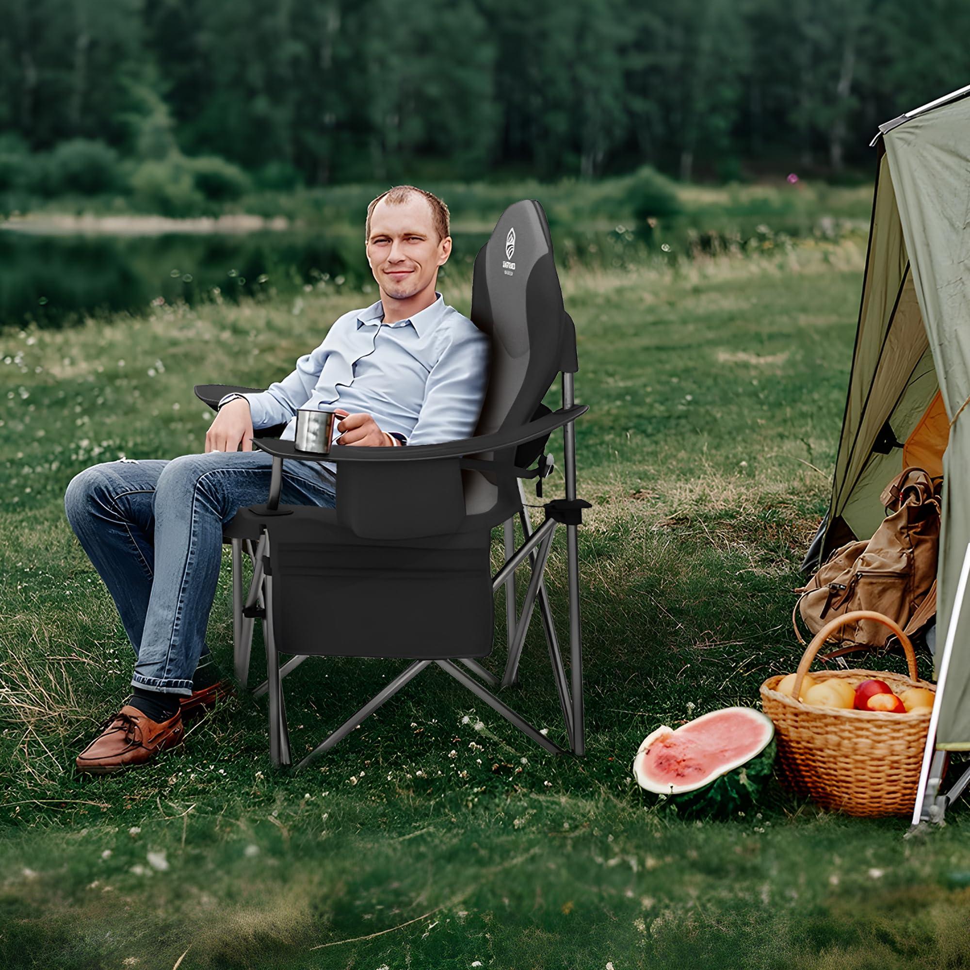 Coastrail Outdoor Coastrail Outdoor Camping Chair Oversized Padded Folding Quad Arm Chairs with Lumbar Back Support, Cooler Bag, Cup Holder & Side Pocket, Extra Head Pocket, Black&Gray