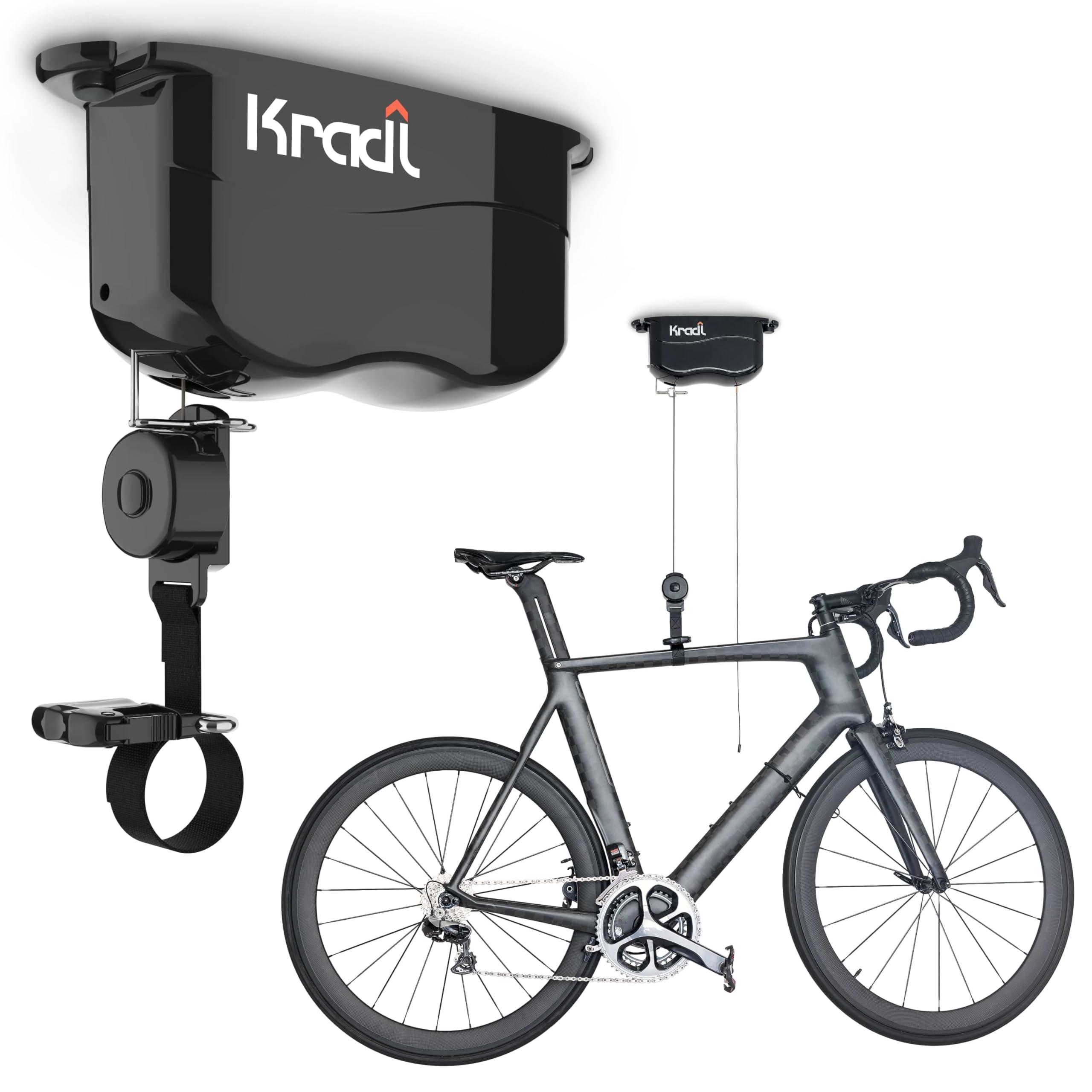 Kradl Kradl - Ceiling Mount Bike Lift and Rack. Bicycle Storage Hoist Without Electricity, Clumsy Ropes or Pulleys. 25 Pound Capacity.