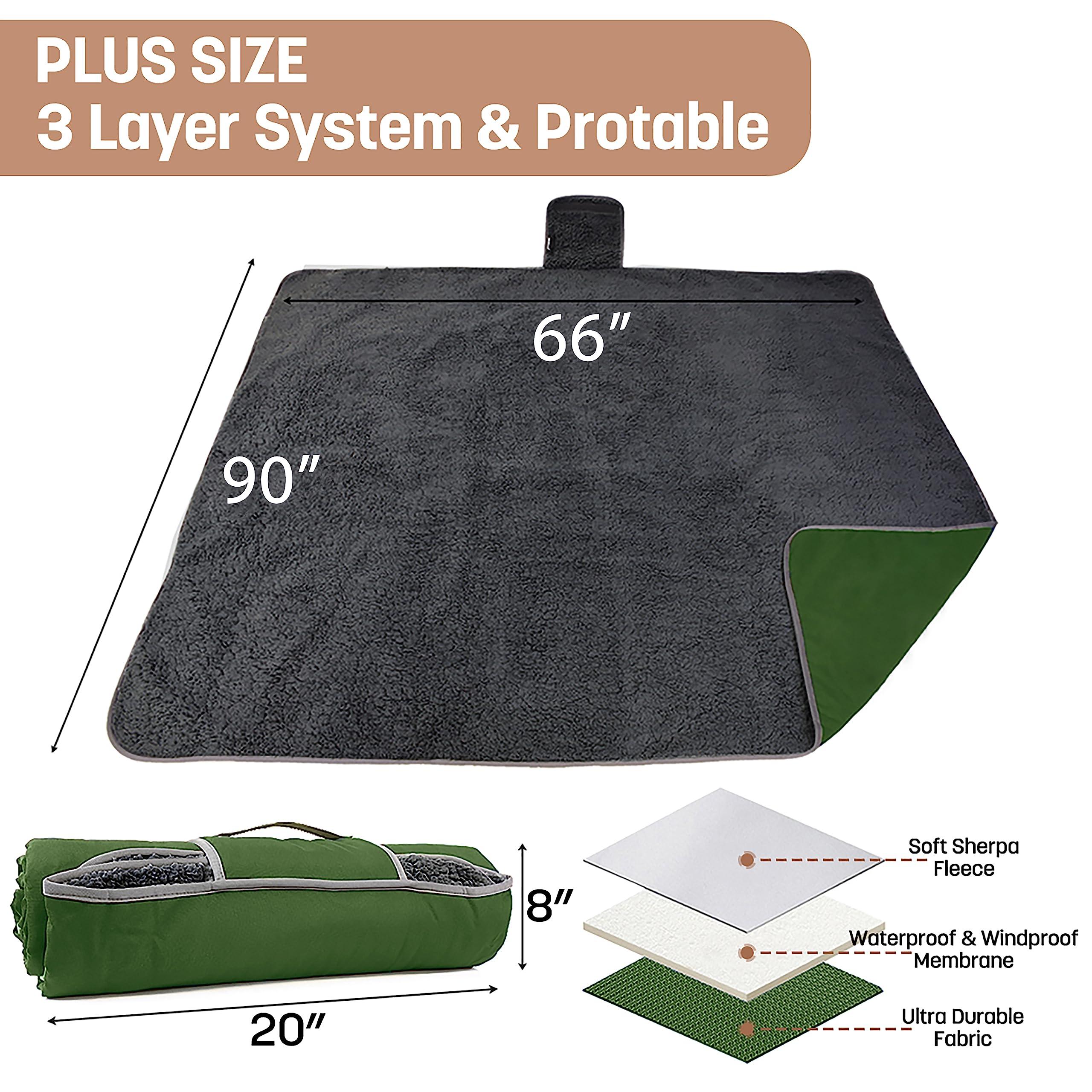 Tirrinia Tirrinia Waterproof Outdoor Blanket with Sherpa Lining, Windproof Triple Layers Warm Comfy Foldable for Camping Stadium, Sports, Picnic, Grass, Concert, Pet, Travel, Emergency Car Blanket 51\'\'X 59\'\'