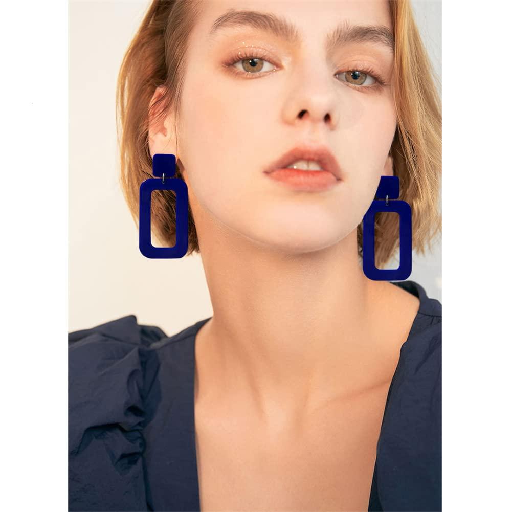 DIYANMMY DIYANMMY Retro Simple Acrylic Geometric Square Hollow Earrings for Women White Statement Drop Earring (Blue Square Hollow Earrings)