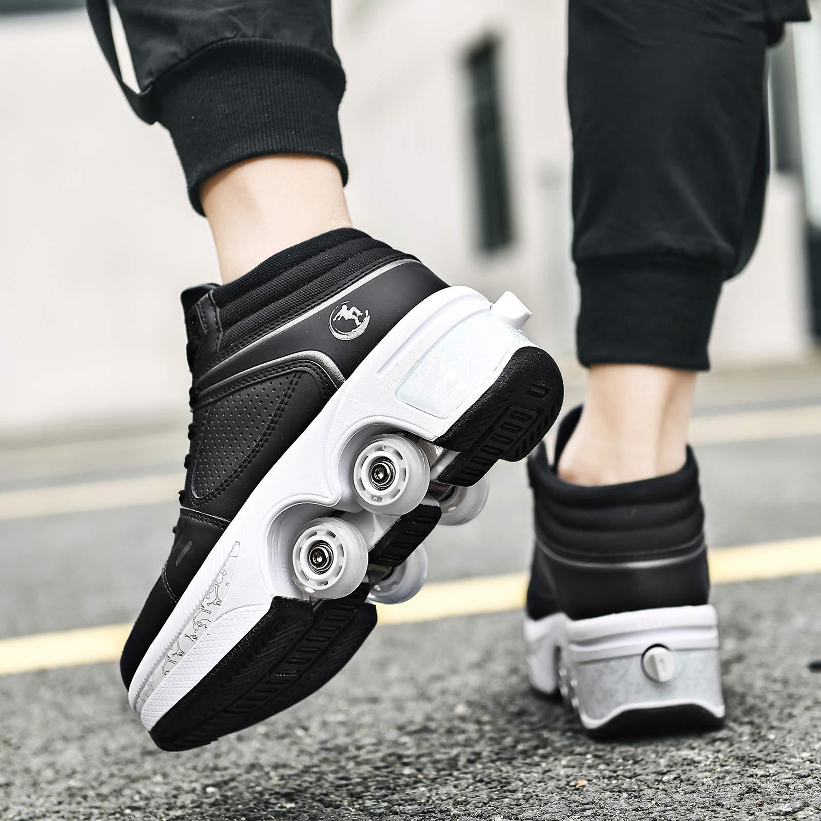 Wedsf Double-Row Deform Wheel Automatic Walking Shoes Invisible Deformation Roller Skate 2 in 1 Removable Pulley Skates Skating Parkour (Black high, US9)