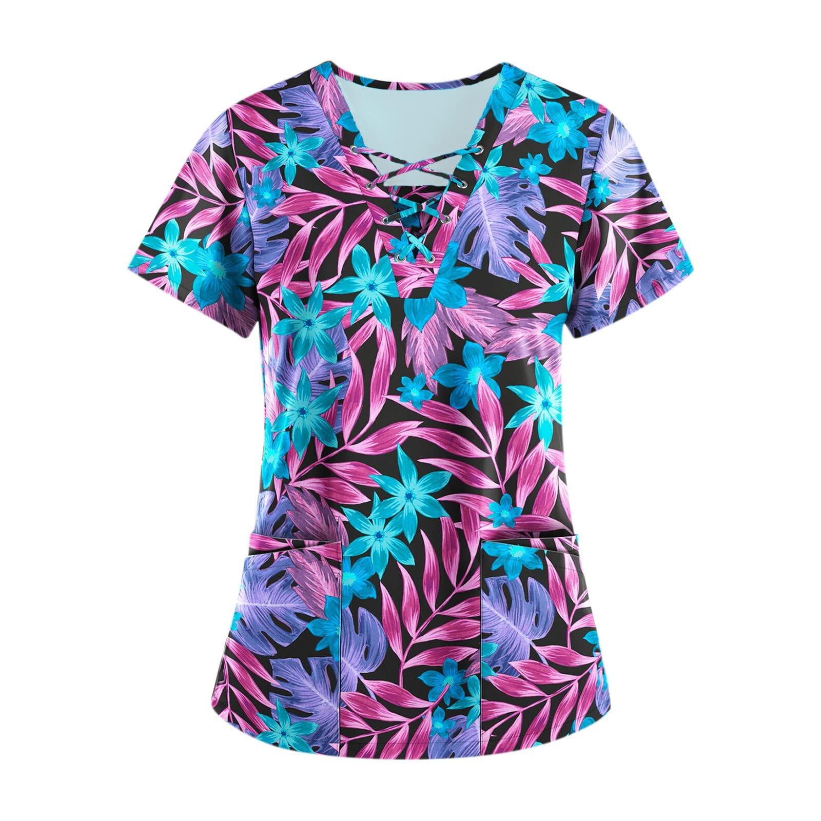 HXHYQKP Christmas Scrub Print Nurse Uniforms for Women Short Sleeve V-Neck Tops Nightmare Before Christmas Scrub Top