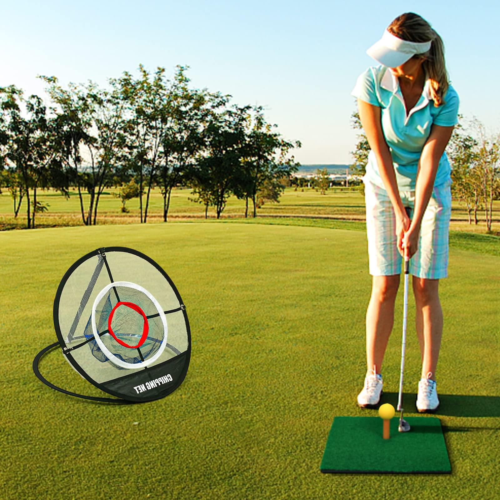 REYSHIN Golf Practice Chipping Net with Golf Hitting Mat, Pop Up Golf Nets Portable Chipping Net Golf Target Wooden Tees Rubber Tee Holder Golf Balls Fixed Parts for Swing Training(Golf Net+Mat)