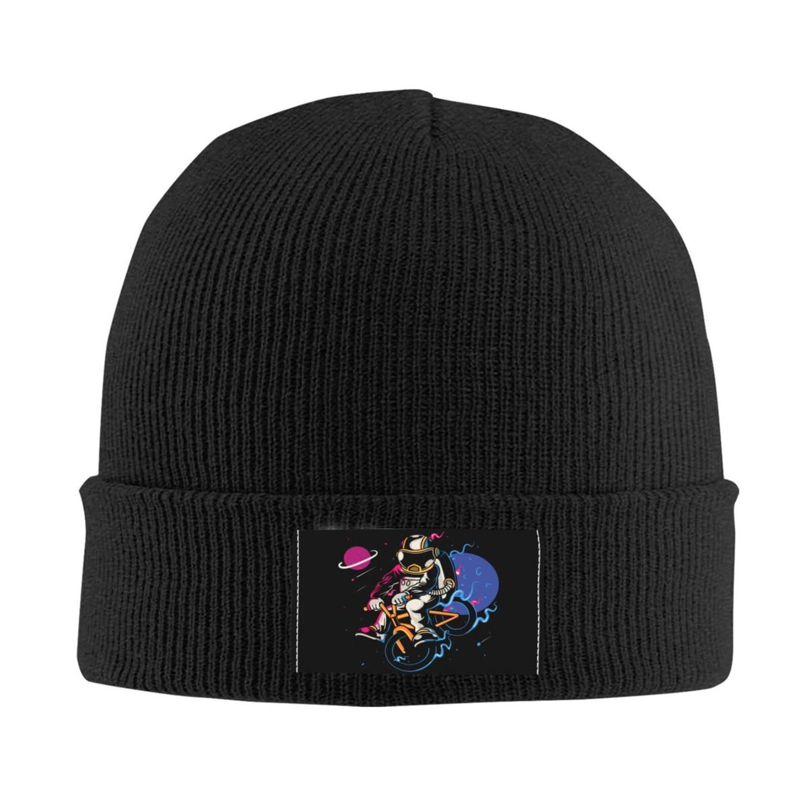 QIZYOQA Astronaut Riding A Bicycle On The Moon Beanie Hat for Men Women Winter Warm Knit Cuffed Skull Cap Black