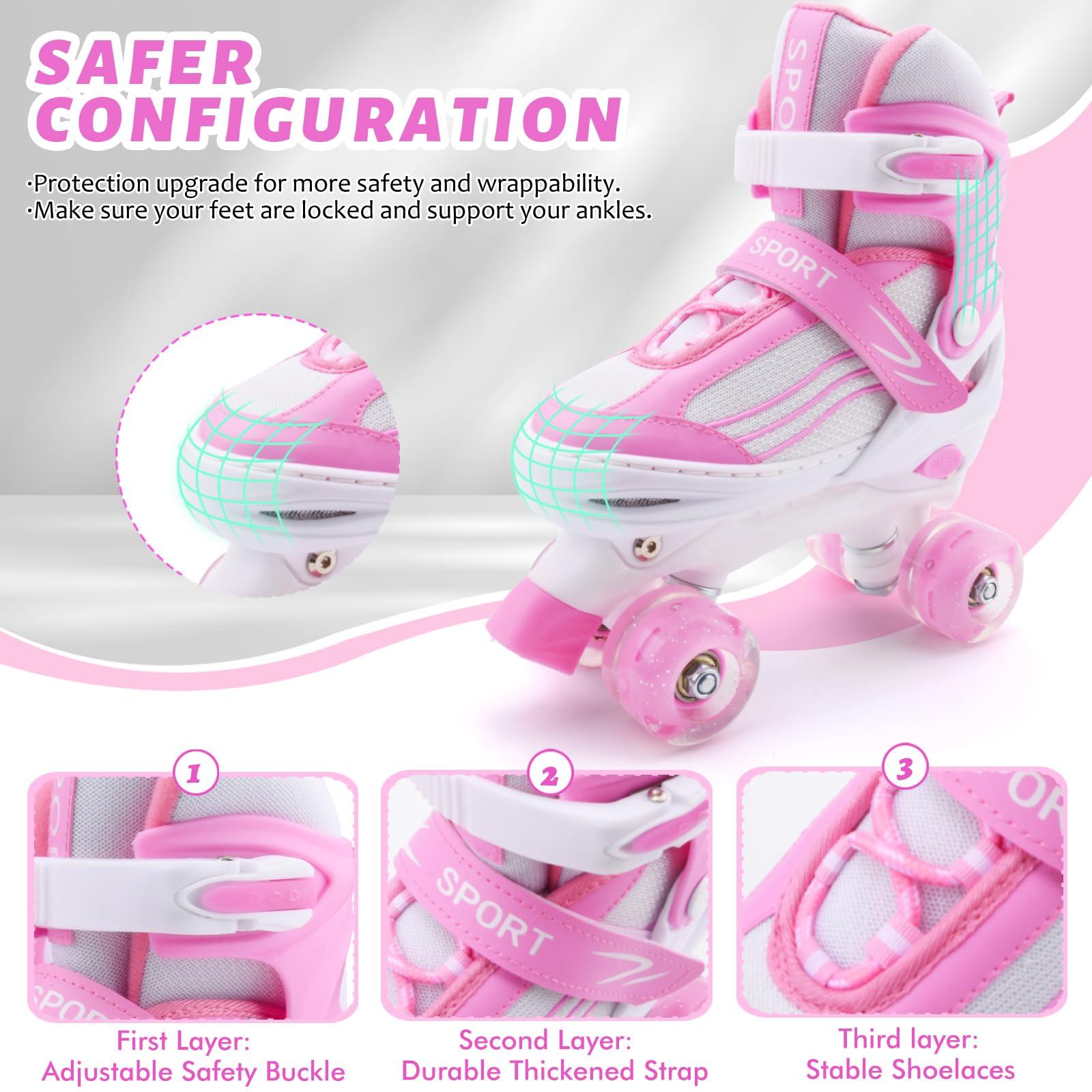 LEJIJIT LEJIJIT Girls Roller Skates for Kids Child Beginners, Adjustable 4 Sizes Quad Roller Skates Pink & White for Kids and Youth with Light Up Wheels for Sports (Large 4-7 US)