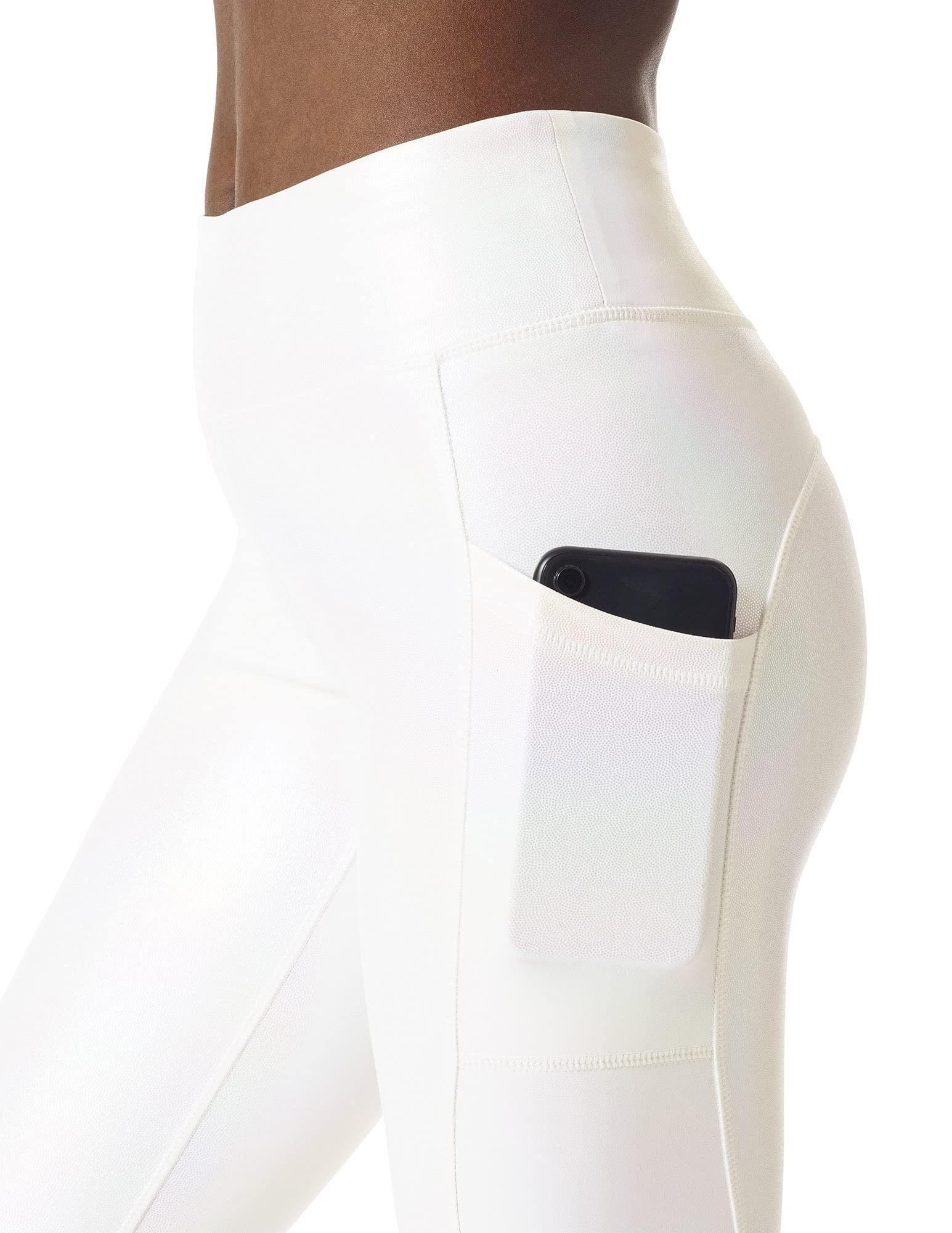 HUE HUE Women's Activewear Leggings with Pockets, Skimmer, Iridescent White, Medium