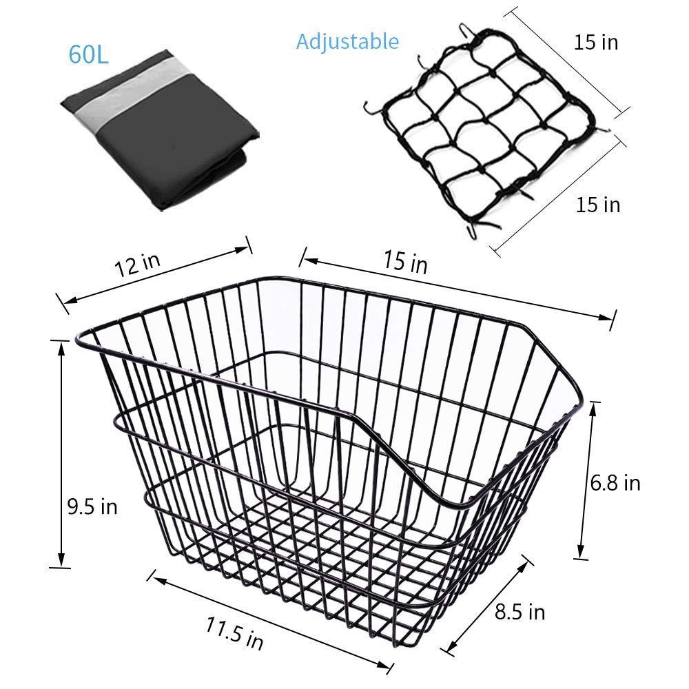 ANZOME ANZOME Rear Bike Basket, Waterproof Metal Wire Bicycle Basket with Adjustable Cargo Net and Waterproof Rainproof Cover Fits to Most Rear Bike Racks (Large)