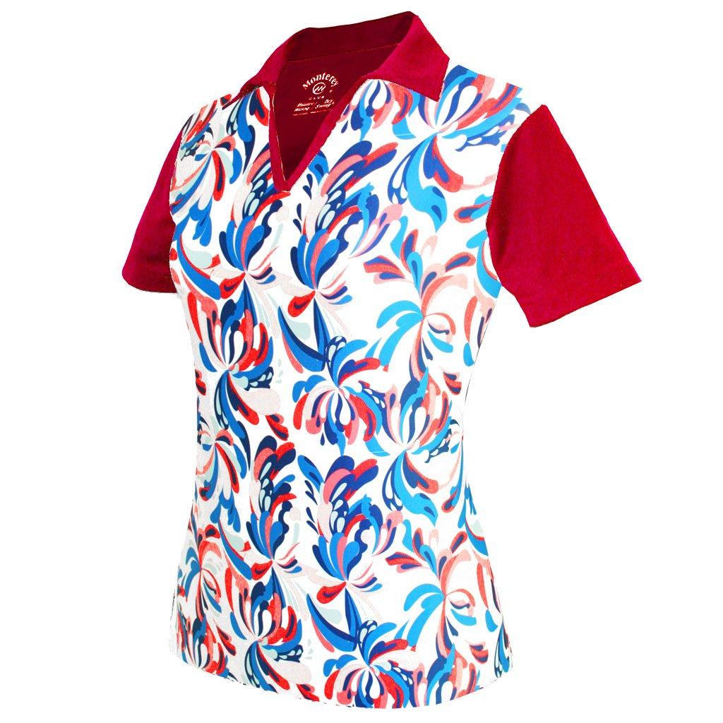 Monterey Club Monterey Club Women's Fountain Floral Print Block Polo Shirt #2346 (White/Red, Large)