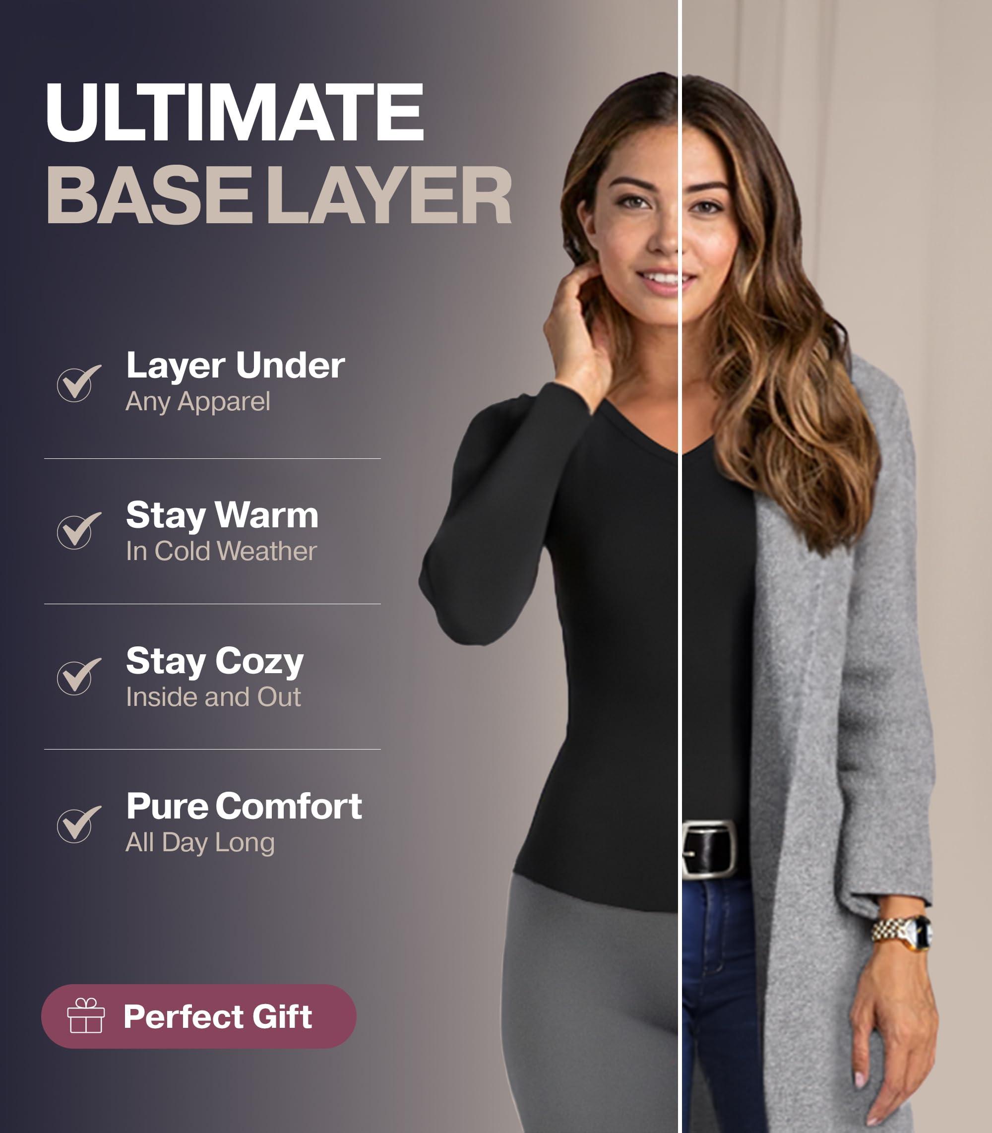 Thermajane Thermajane Long Sleeve V Neck Thermal Shirts for Women Cold Weather, Womens Thermal Underwear Tops, Base Layer Women Thermal (Black, X-Small)