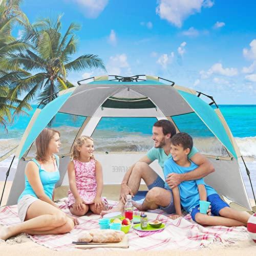 G4Free G4Free Easy Set up Beach Tent Deluxe XL, Portable Beach Shade 4 Person Pop up Sun Shelter UPF 50+ UV Protection Large Family Size(Lake-Blue)