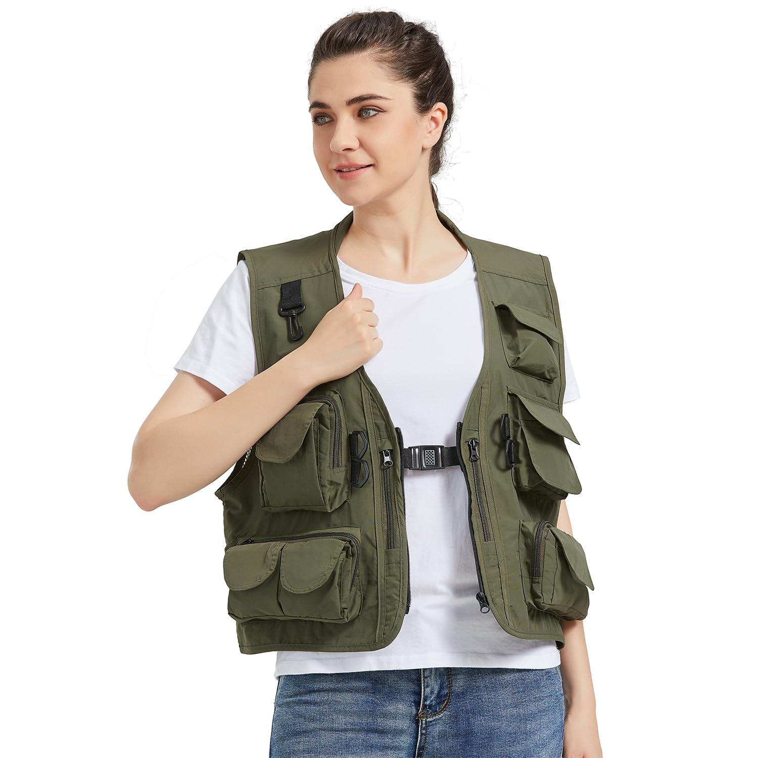 Ziker Ziker Women's Mesh Breathable Openwork Jouralist Photographer Fishing Vest Waistcoat Travel Jacket Coat With Pockets (as1, alpha, l, regular, regular, New Army Green)