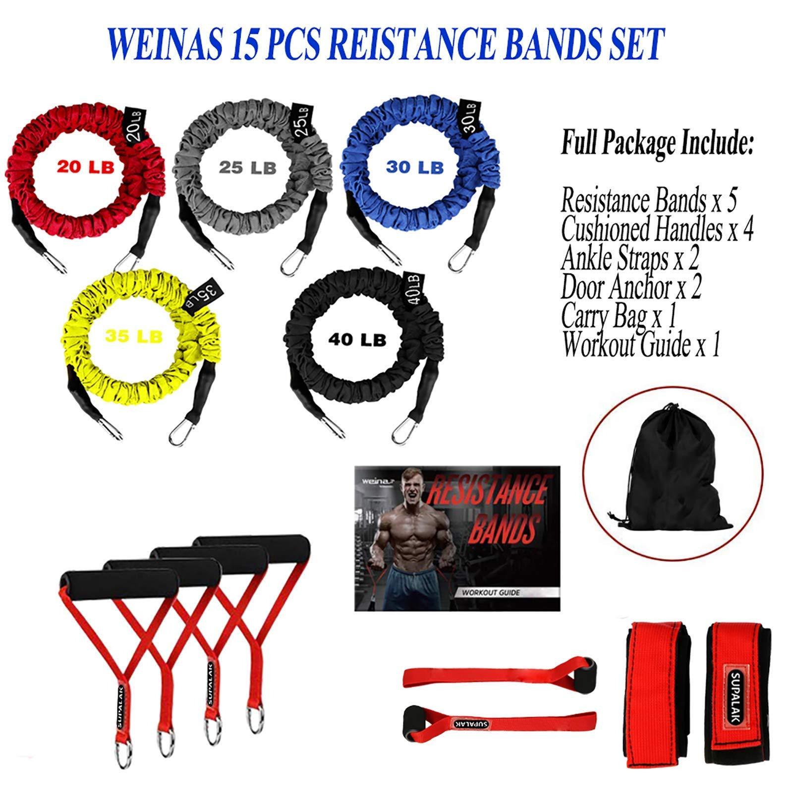 SUPALAK Resistance Bands, 15 Pieces Exercise Elastic Bands Set, 20lbs to 40lbs Resistance Tubes with Heavy Duty Protective Nylon Sleeves Anti-Snap for Fitness SUPALAK