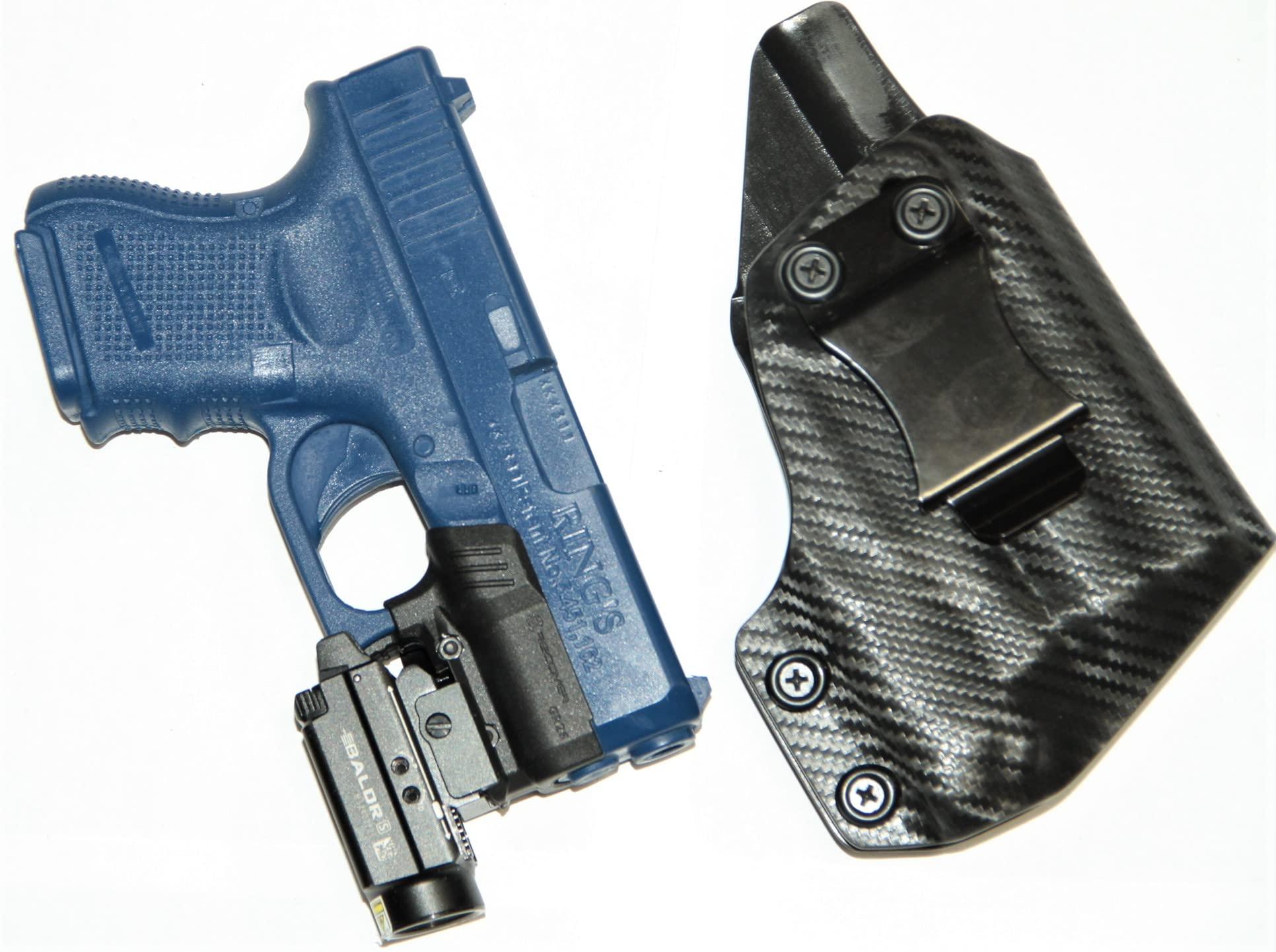 NineFit Basics REVKEL Custom Kydex Molded IWB Holster Compatible with Glock 26/27/33 w/Recover Tactical Rail & Olight Baldr S. Left Hand Draw. Black, Hand Crafted in The USA.