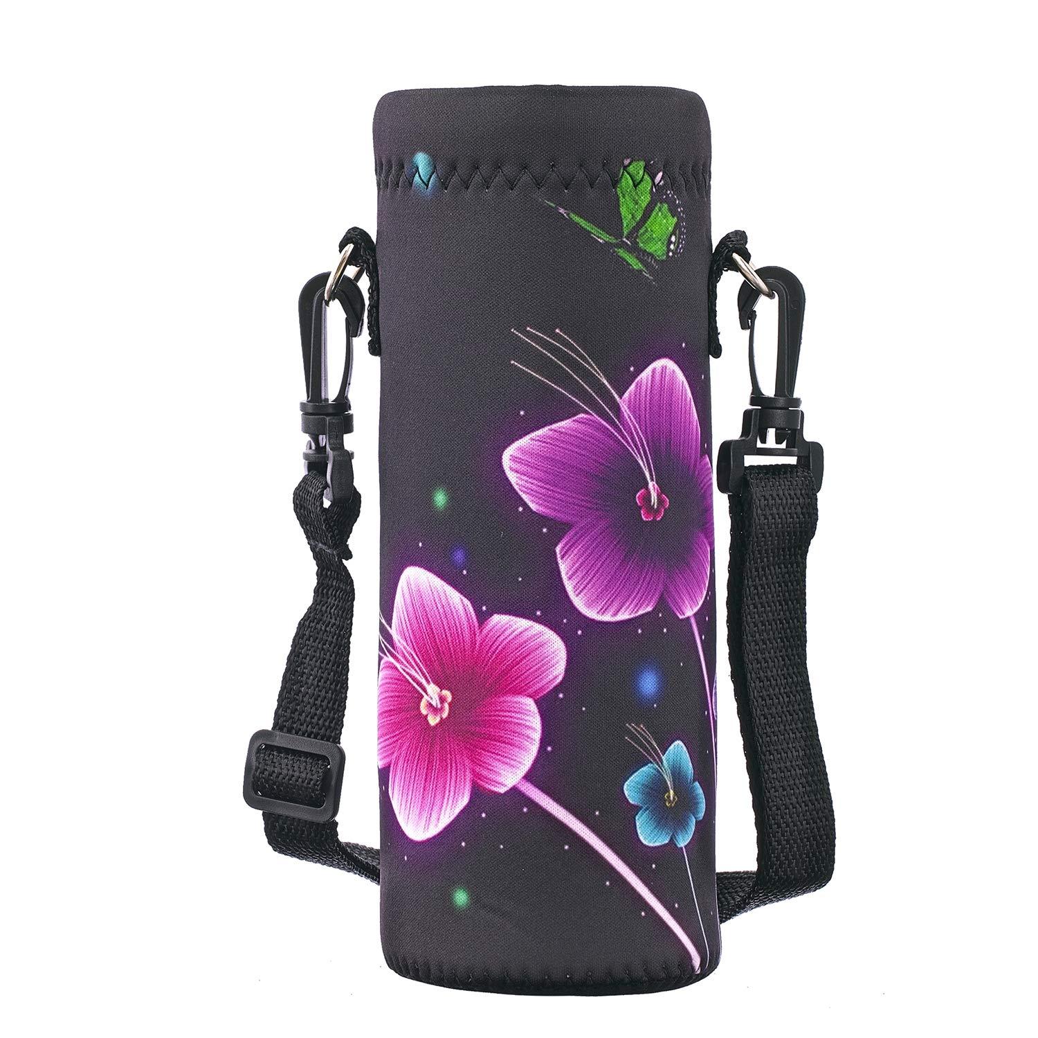 RICHEN RICHEN Neoprene Water Bottle Carrier Bag with Adjustable Shoulder Strap,Insulated Water Bottle Cover for 500ml/16oz Stainless Steel/Glass/Plastic Bottles (Colorful Flowers,500ml)