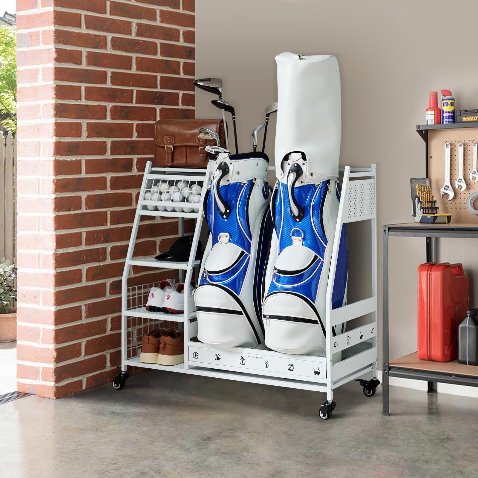Lauren Harold Lauren&Harold Golf Bag Organizer - Fits 2 Bags, Clubs & Accessories - Garage, Shed, Basement Storage, White