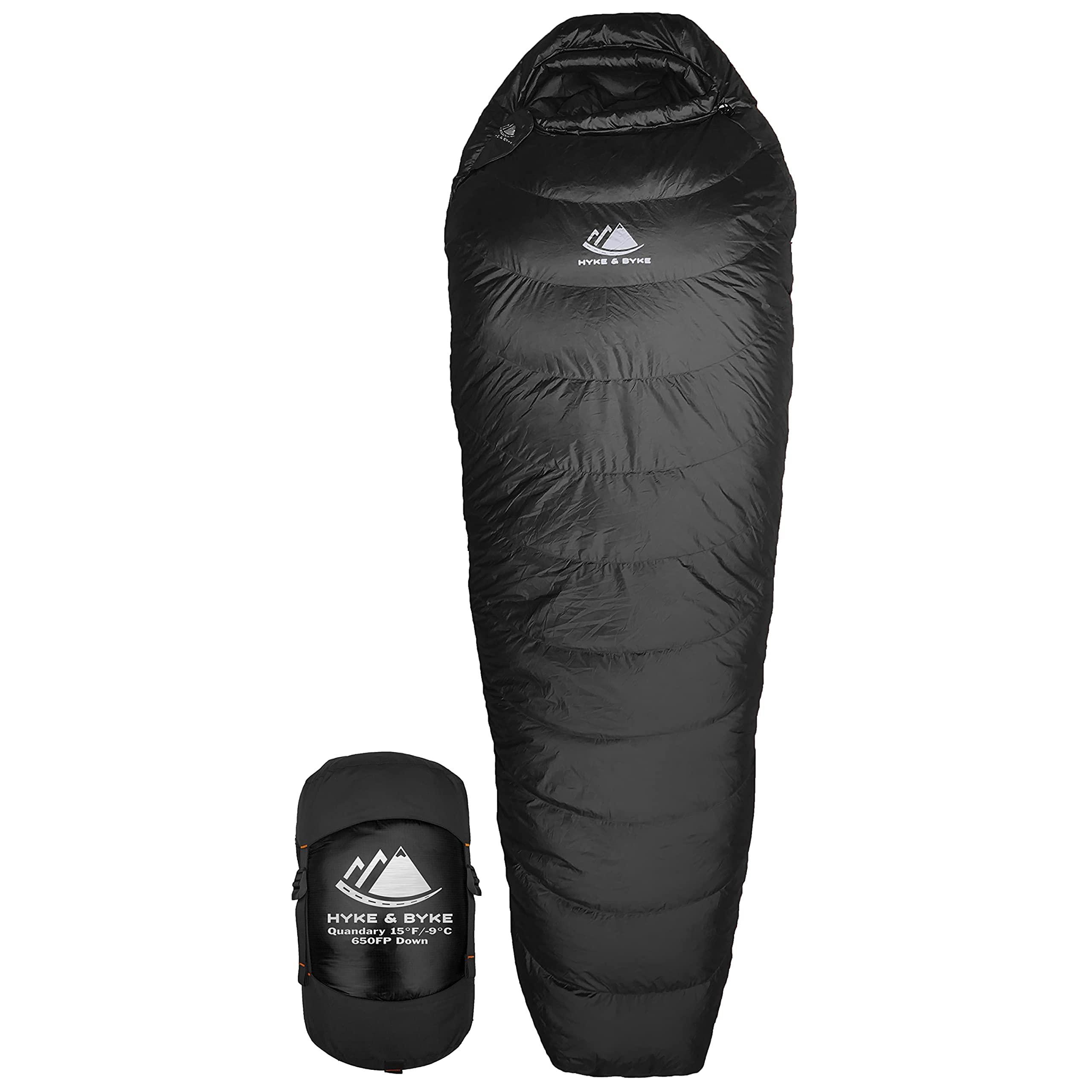Hyke & Byke Hyke & Byke Quandary 15F Cold Weather Mummy Hiking & Backpacking Sleeping Bag - Duck Down 650 FP 3 Season Sleeping Bags for Adults - Ultralight with Compression Stuff Sack (Black, Short)