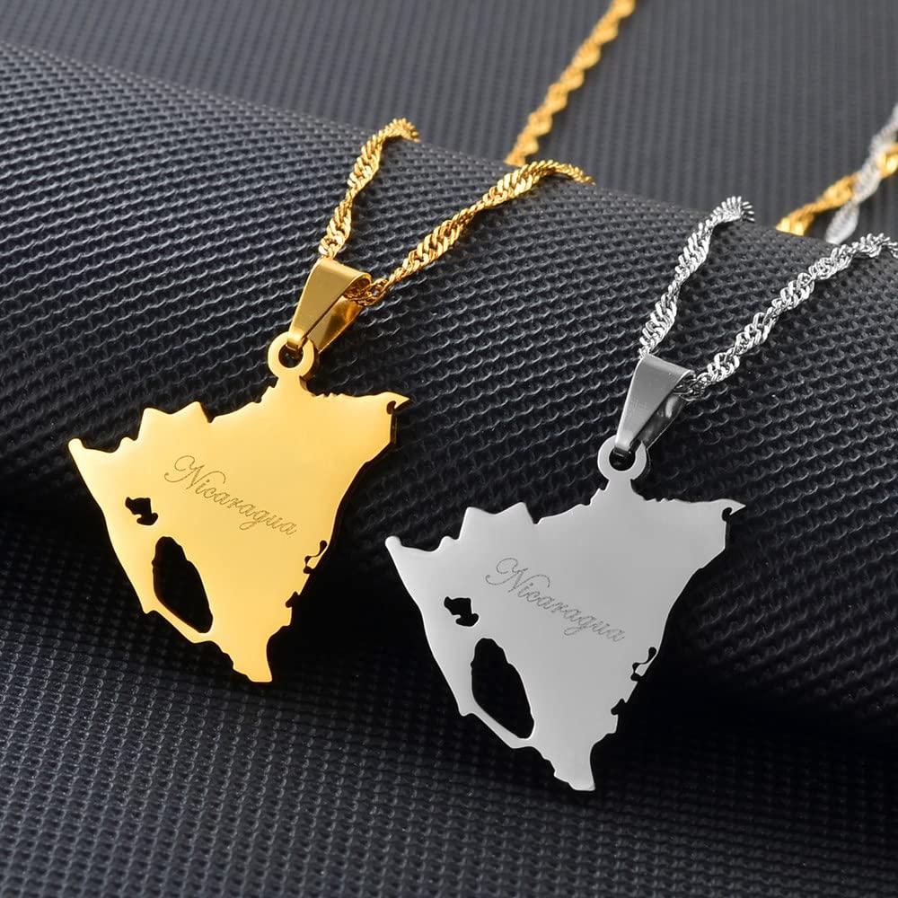 Dan CECE KELE Dan CECE KELE Map Pendant Necklace - Nicaragua Map Necklace for Unisex Jewelry, Nicaraguan Map Pendant Party Dress Accessories Ethnic Style, Charm Patriotic Symbol Necklace Gift,Gold,45Cm Chain