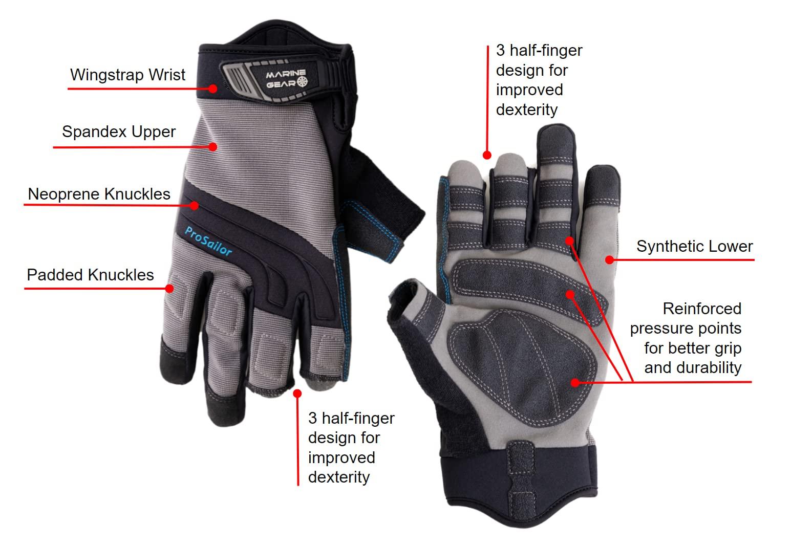 Marine Gear Marine Gear Sailing Gloves (Small) - 3-Finger Dexterity Sailing Gear with Better Grip, Neoprene and Padded Knuckles, Reinforced Pressure Points