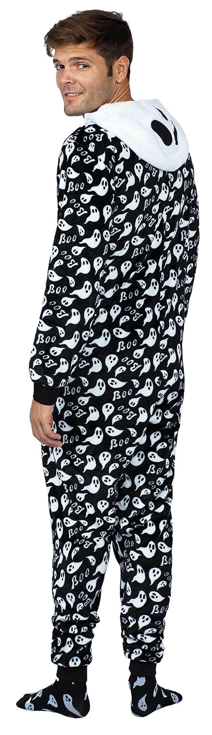 Prestigez Prestigez Holiday Matching Couples Costume Pajama Onesie With Socks and Mask, Ghost, Devil, and Skeleton, Black - Ghost, Size M