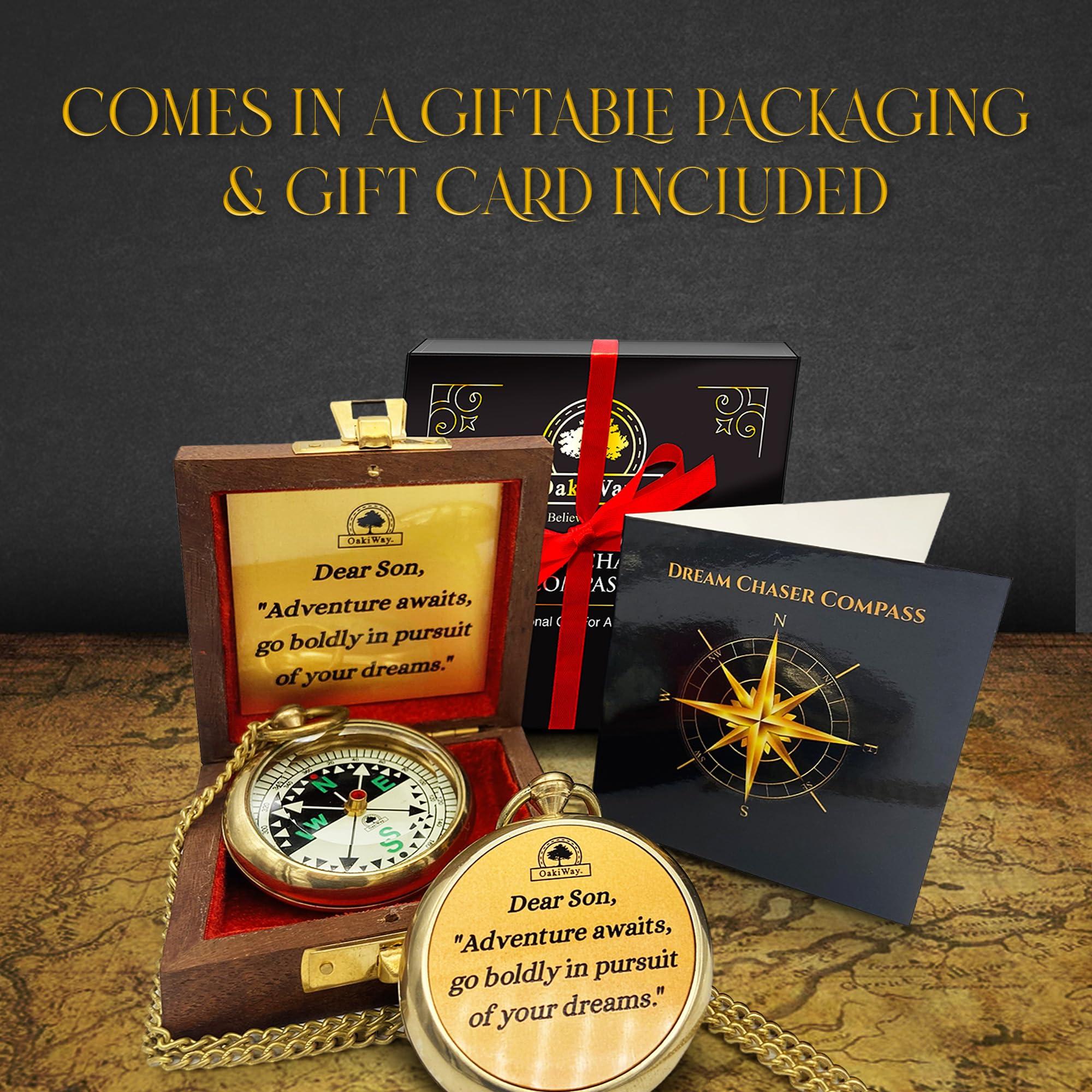 OakiWay The Dream Chaser Compass in Wooden Box - Son Graduation Gift, Birthday, Bday Gifts for Him, Inspirational, Motivational, 2025 College Graduates, Grandson - Greeting Card Included
