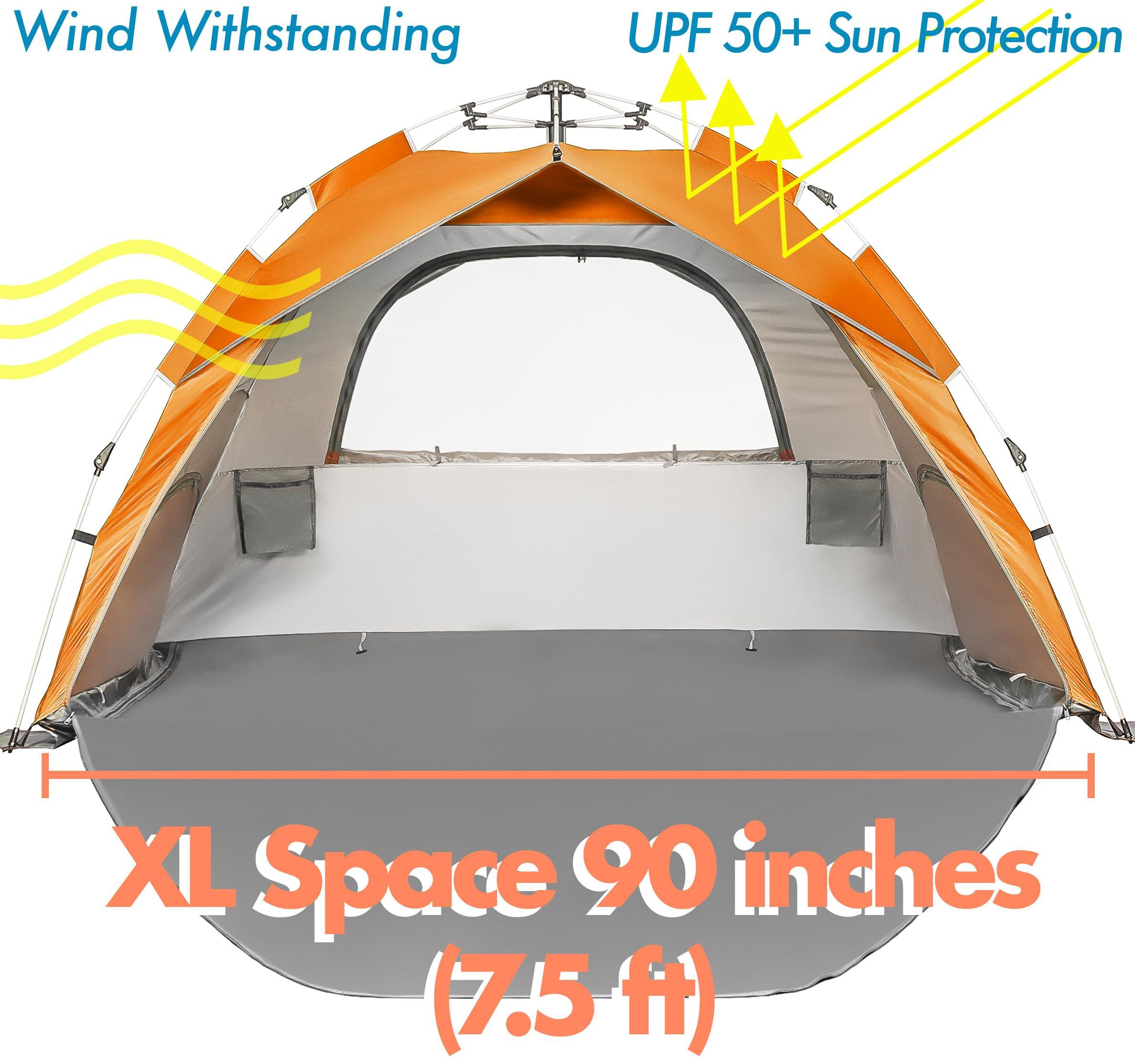 Arkali Arkali Beach Sun Shade Pop Up, Easy Pop Up Sun Shelter, Removable Floor Instant Beach Tent, UPF 50+, Size XL for Family 3 to 4 People, Orange