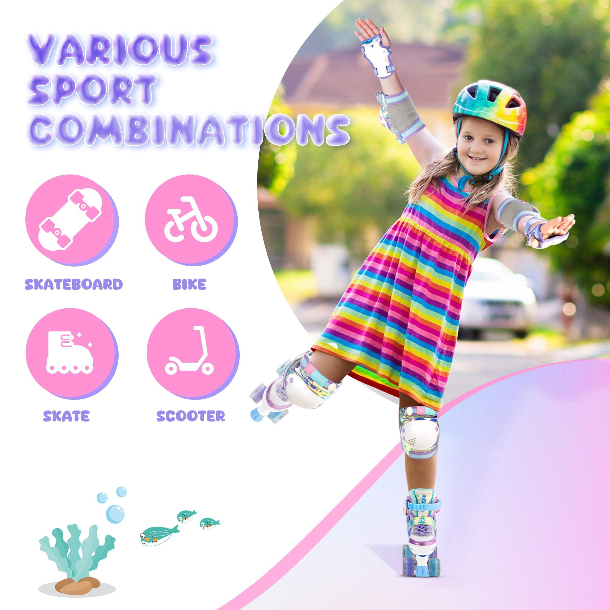 NEMONE NEMONE Mermaid Knee Pads for Kids, Girls Boys Knee Elbow Pads Wrist Guards with Drawstring Bag, Adjustable Reflective Protective Gear Set for Roller Skates Bike Cycling Skateboard Scooter