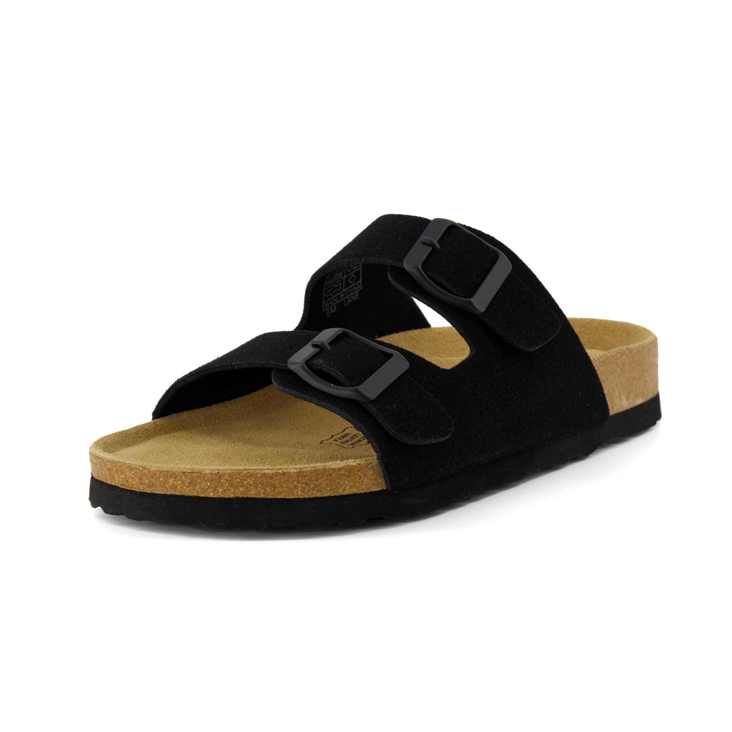 CUSHIONAIRE CUSHIONAIRE Lane Cork Footbed Sandals for Women Comfortable Double Buckle Slip-On with Genuine Suede Footbed & Arch Support Slides for Women Footwear, BLACK 7