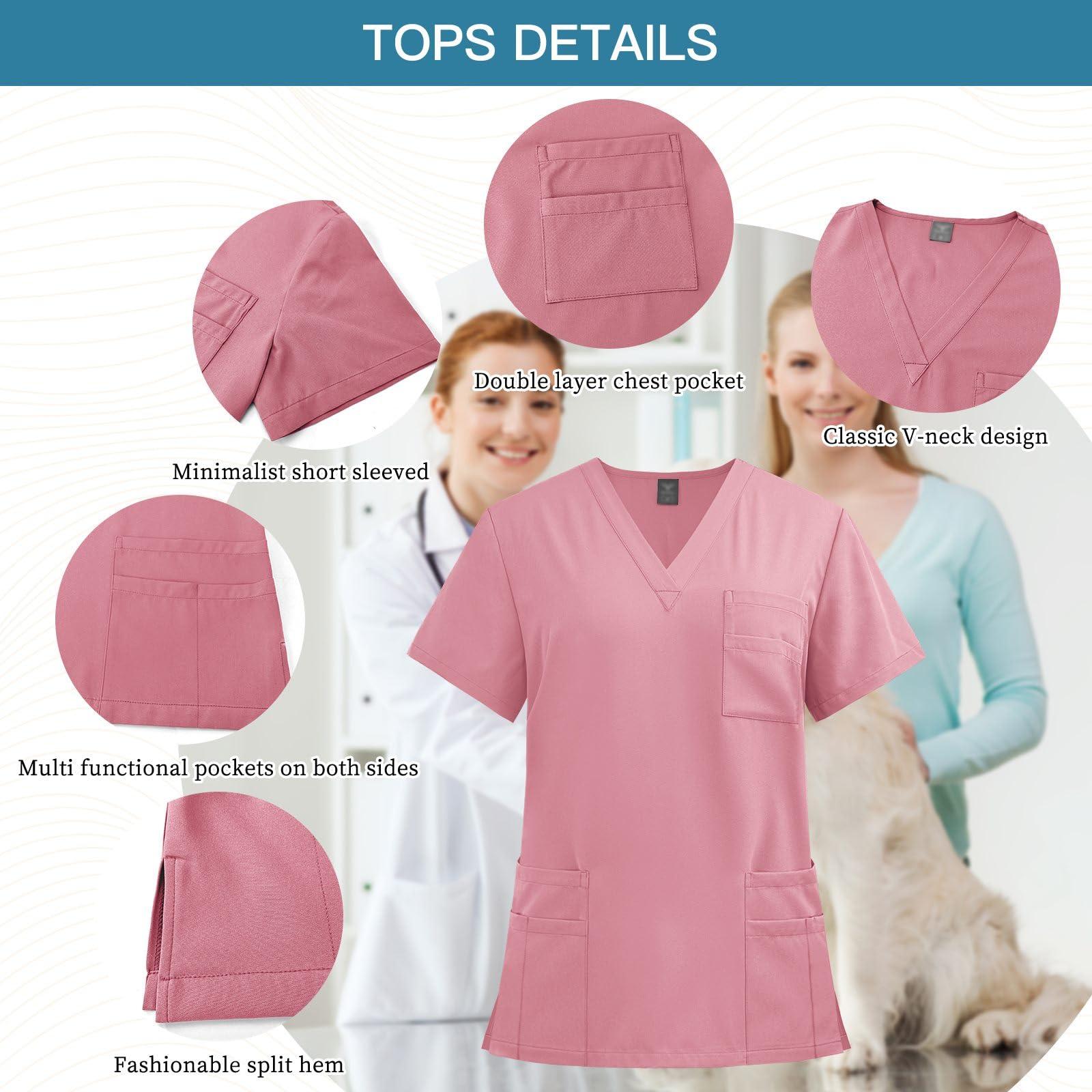 VIAOLI VIAOLI Scrubs Set Multiple pockets V-Neck Top and Drawstring Scrub Pant - Medical Uniform Women Scrub Set Clearance (Pink,XXL,XX-Large)