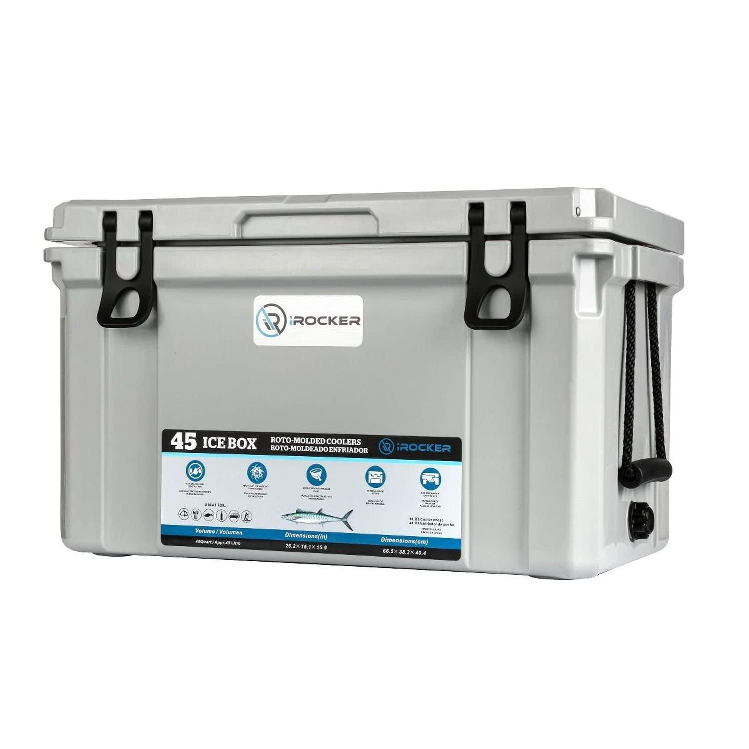 iROCKER iROCKER 45L Roto-Molded Hard Cooler, Heavy Duty Ice Box Equipped with Quick Drain Water Release Valve, 26\" x W 15\" x H 16\", Cooler Gray