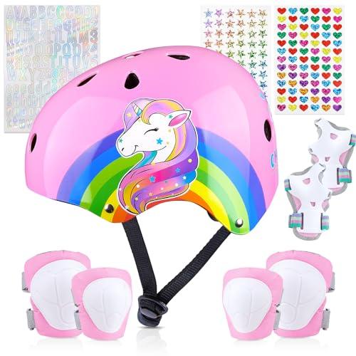 Unicorn Catcher Kids Bike Helmet, Kids Helmets Ages 5-8 with DIY Stickers Kids Knee Pads and Elbow Pads Set Unicorn Toddler Helmets Adjustable Girls Helmet for Age 3-5-8 fit Skateboarding, Roller Skates, Scooter
