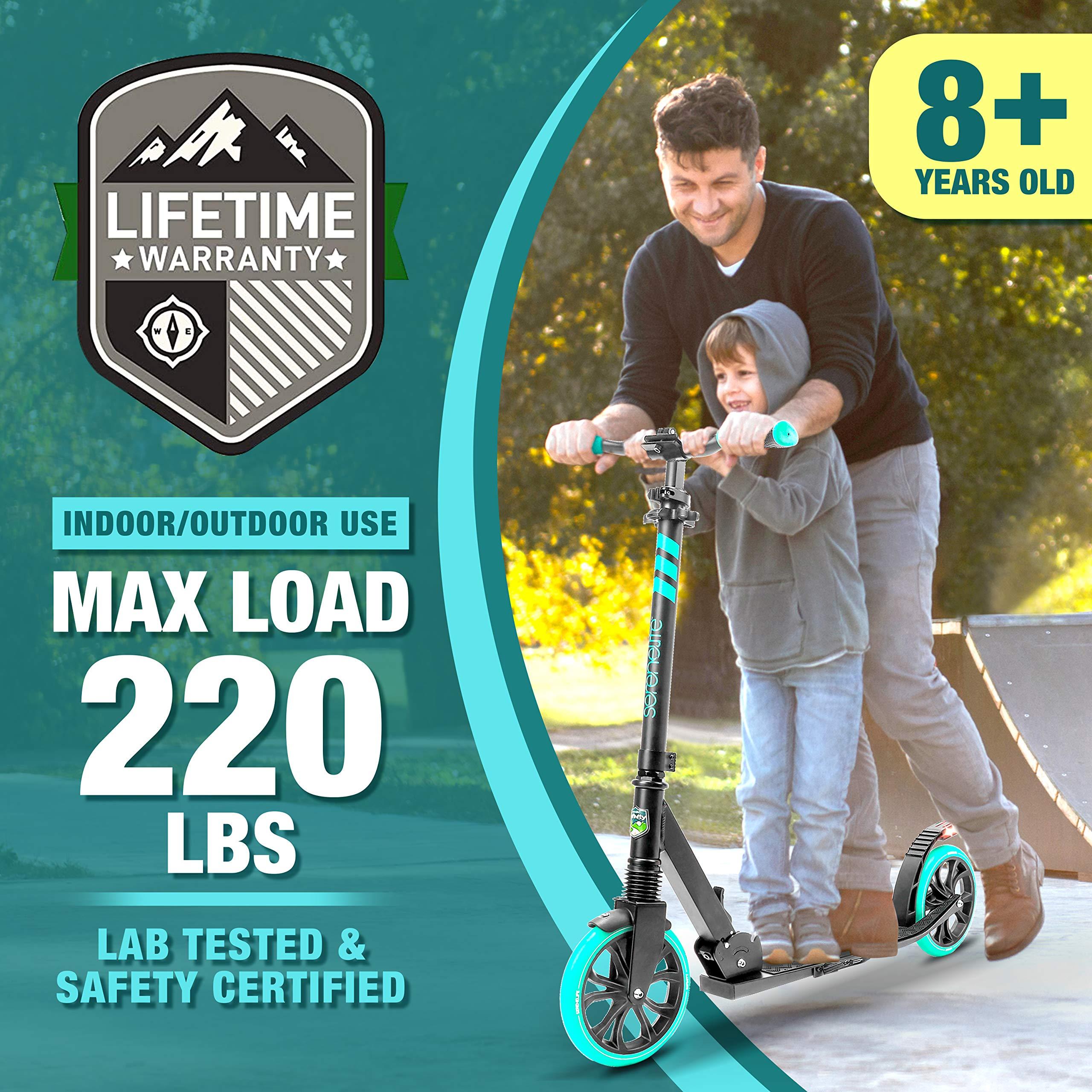 SereneLife SereneLife Lightweight and Foldable Kick Scooter Comfortable T-Bar Handlebar, Adjustable Scooter for Teens and Adult, Alloy Deck with High Impact Wheels, Durable ABEC-7 Bearings Aqua on Black SLTS02