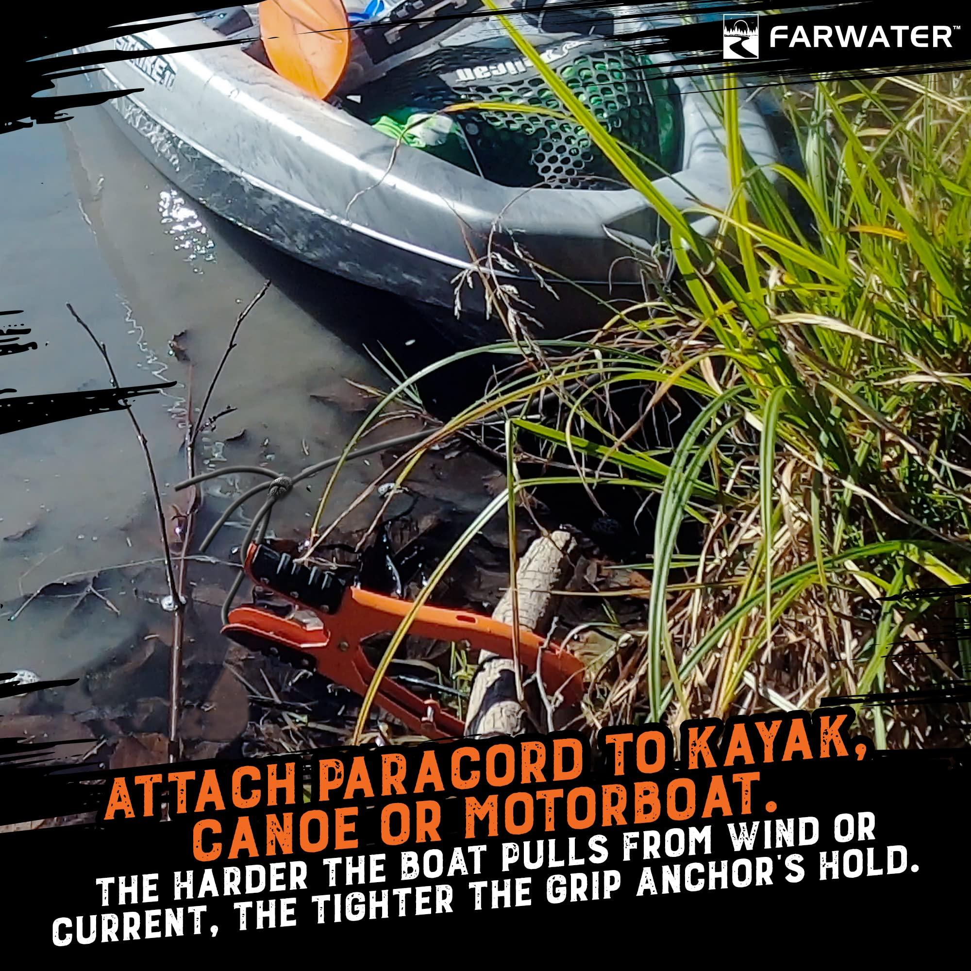 FARWATER FARWATER Canoe Anchor Grip - Boat, Float Tube & Kayak Fishing Accessories, Kayaking Equipment - Brush Clamp Anchor with Teeth - Gripper with 15ft Paracord - Rubber Grips - Coated Steel - Matte Orange