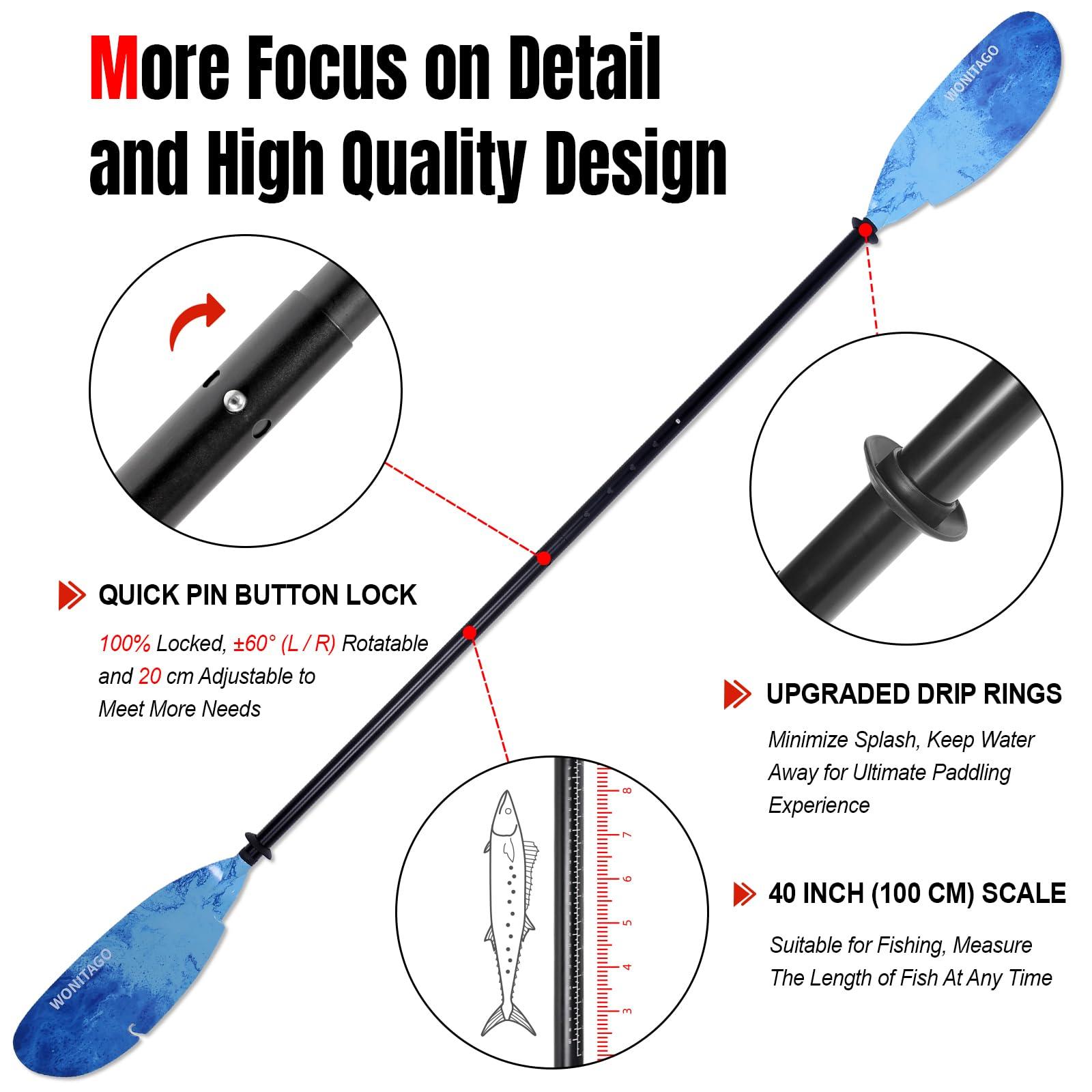 WONITAGO WONITAGO Angler Kayak Paddles Aluminum Paddle with Plastic Blades and Paddle Leash, Floating Adjustable Fihsing Kayak Oars, 3 Piece, 230-250cm/90-98 inch Blue