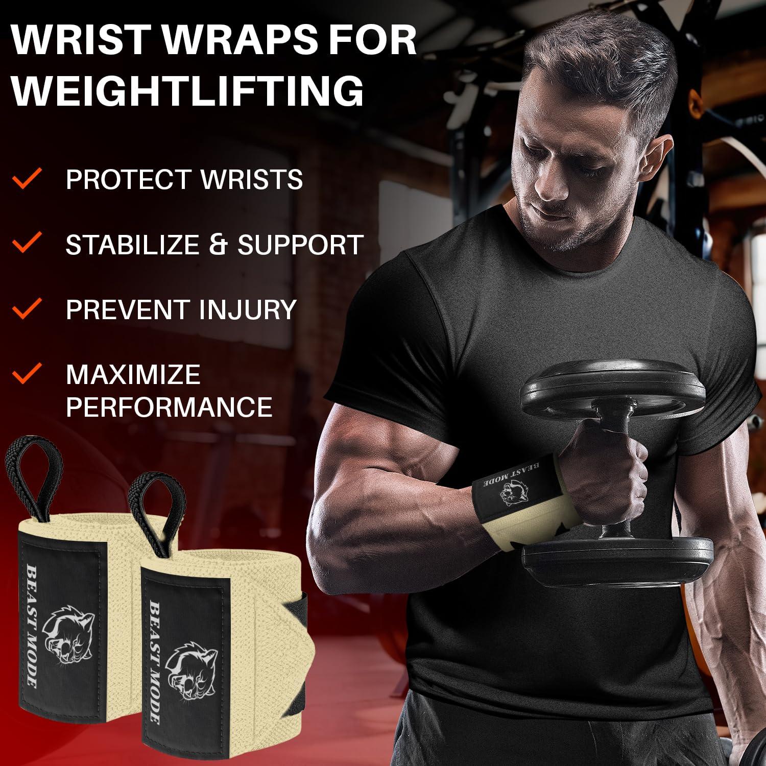 TECEUM TECEUM Weightlifting Wrist Wraps with Thumb Loop Beige Beast Mode 12 inch Heavy-Duty Workout Wrist Support & Protection Ideal for Powerlifting, Strength Training, Bodybuilding